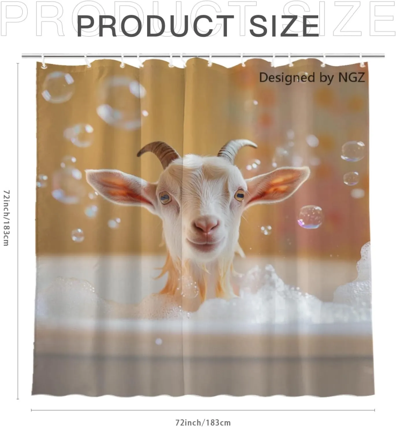 Goat Shower Curtain, Cute Goat with Soap Bubble, Orange Shower Curtain Set with 12 Hooks for Spring Summer Bathroom Decor, 72X72inch