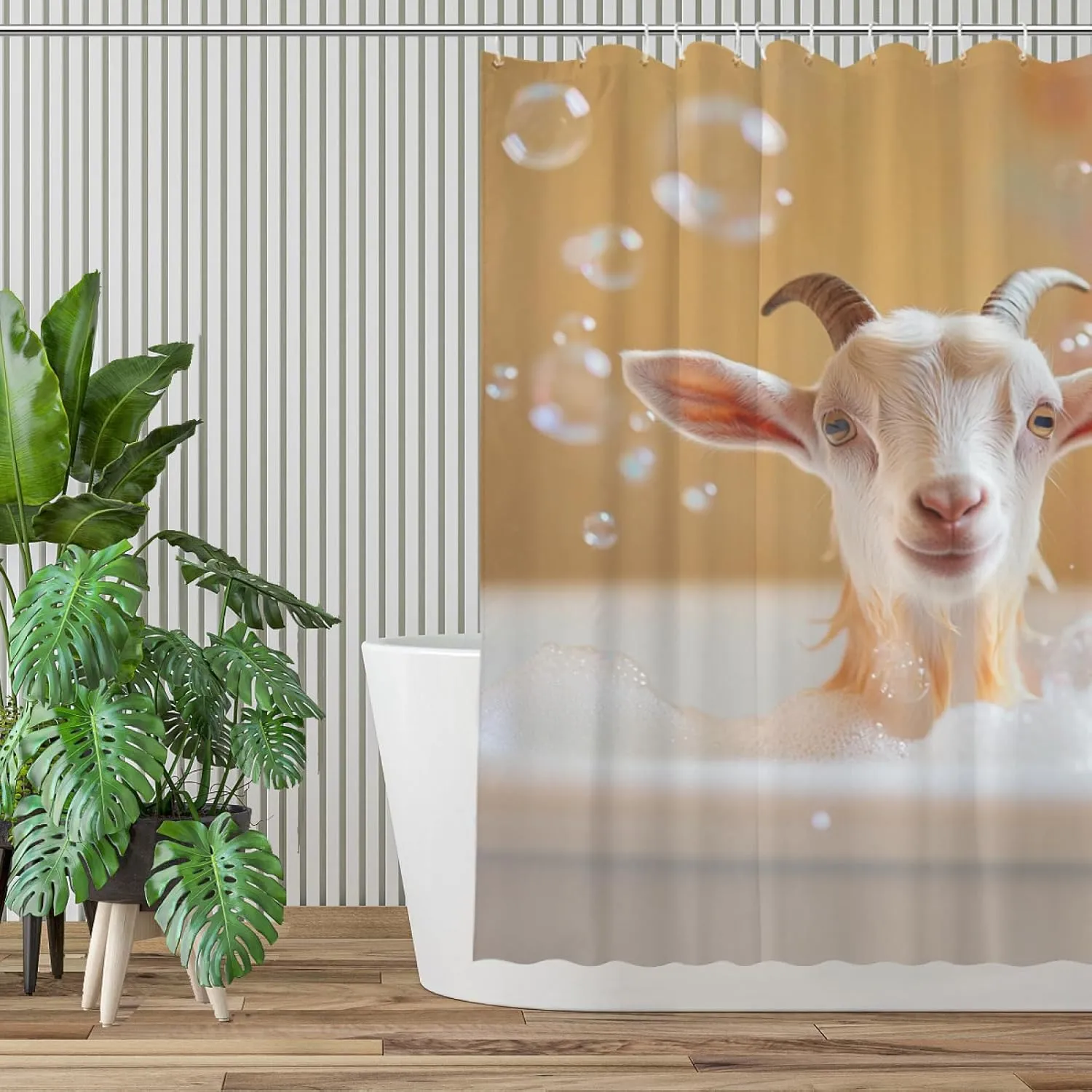 Goat Shower Curtain, Cute Goat with Soap Bubble, Orange Shower Curtain Set with 12 Hooks for Spring Summer Bathroom Decor, 72X72inch