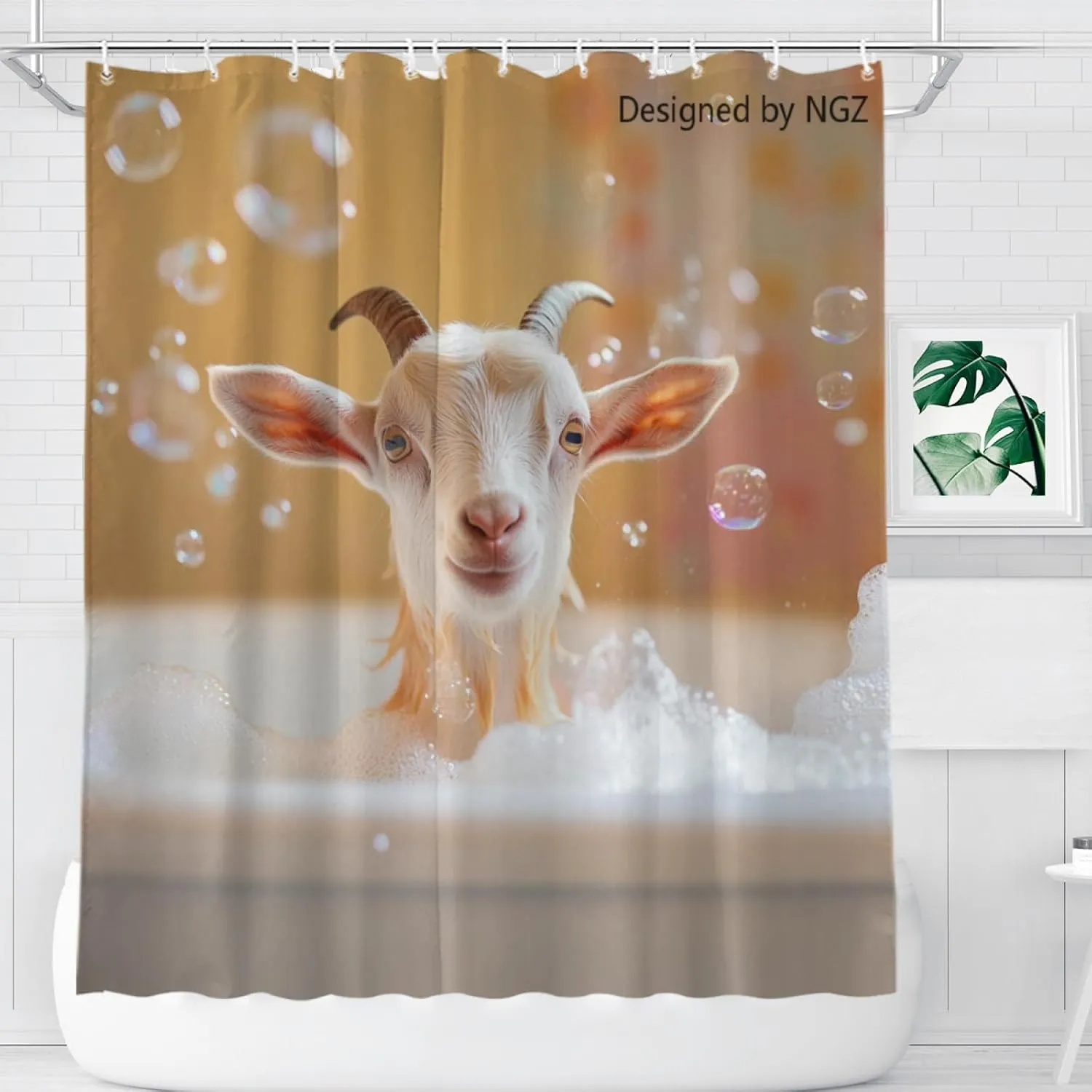Goat Shower Curtain, Cute Goat with Soap Bubble, Orange Shower Curtain Set with 12 Hooks for Spring Summer Bathroom Decor, 72X72inch