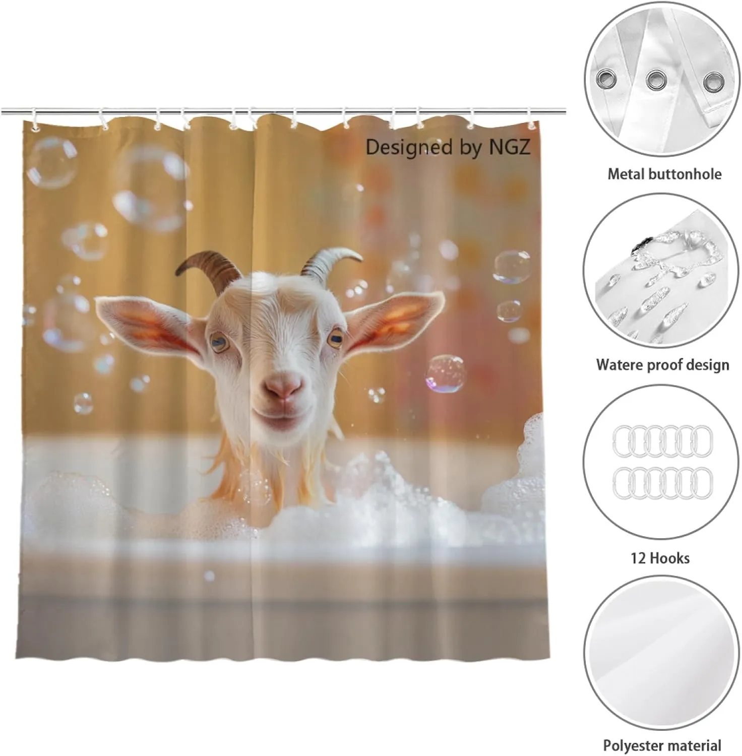 Goat Shower Curtain, Cute Goat with Soap Bubble, Orange Shower Curtain Set with 12 Hooks for Spring Summer Bathroom Decor, 72X72inch