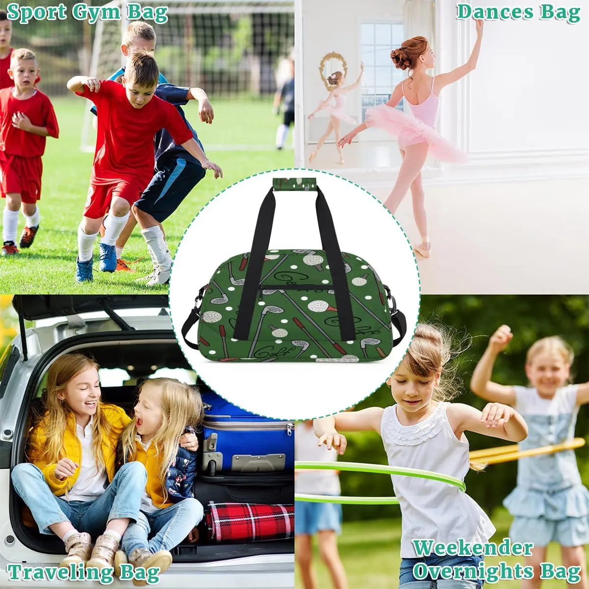 Golf Kids Overnighter Duffel Bags for Boys, Carry-On Size Sports Gym Bag with Front Zipper Pocket for School Practice or Overnight Travel Weekender Sleepover Tote Bag