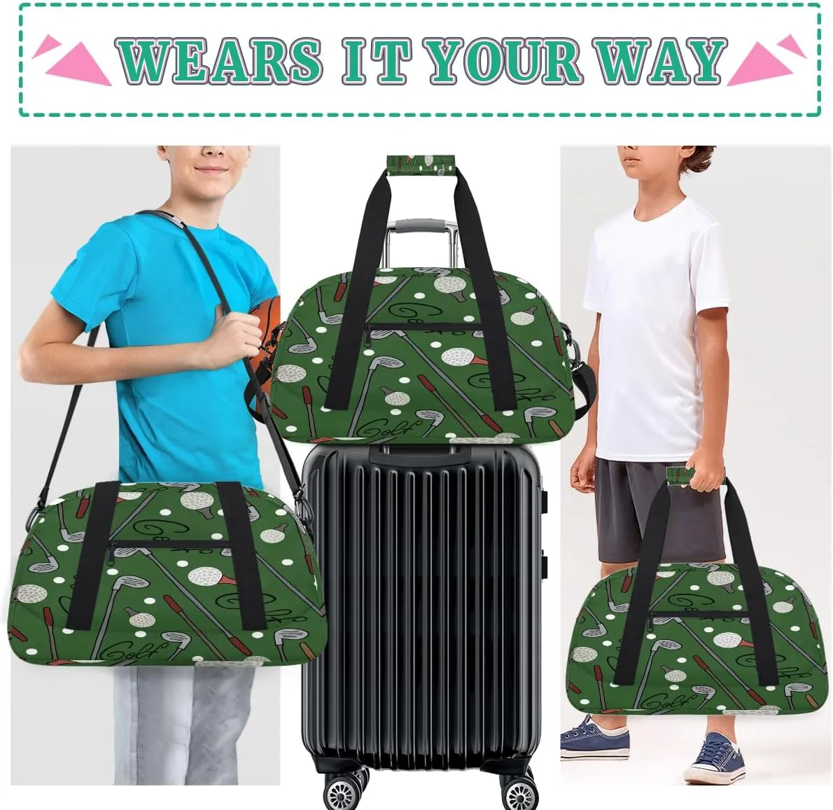 Golf Kids Overnighter Duffel Bags for Boys, Carry-On Size Sports Gym Bag with Front Zipper Pocket for School Practice or Overnight Travel Weekender Sleepover Tote Bag
