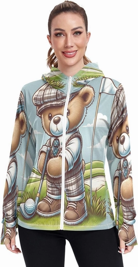 Golfing Bear Workout Hoodie Upf 50 , Sunscreen Shirts Women Long Sleeve, Zip Hoodie, Outdoor Clothing Women