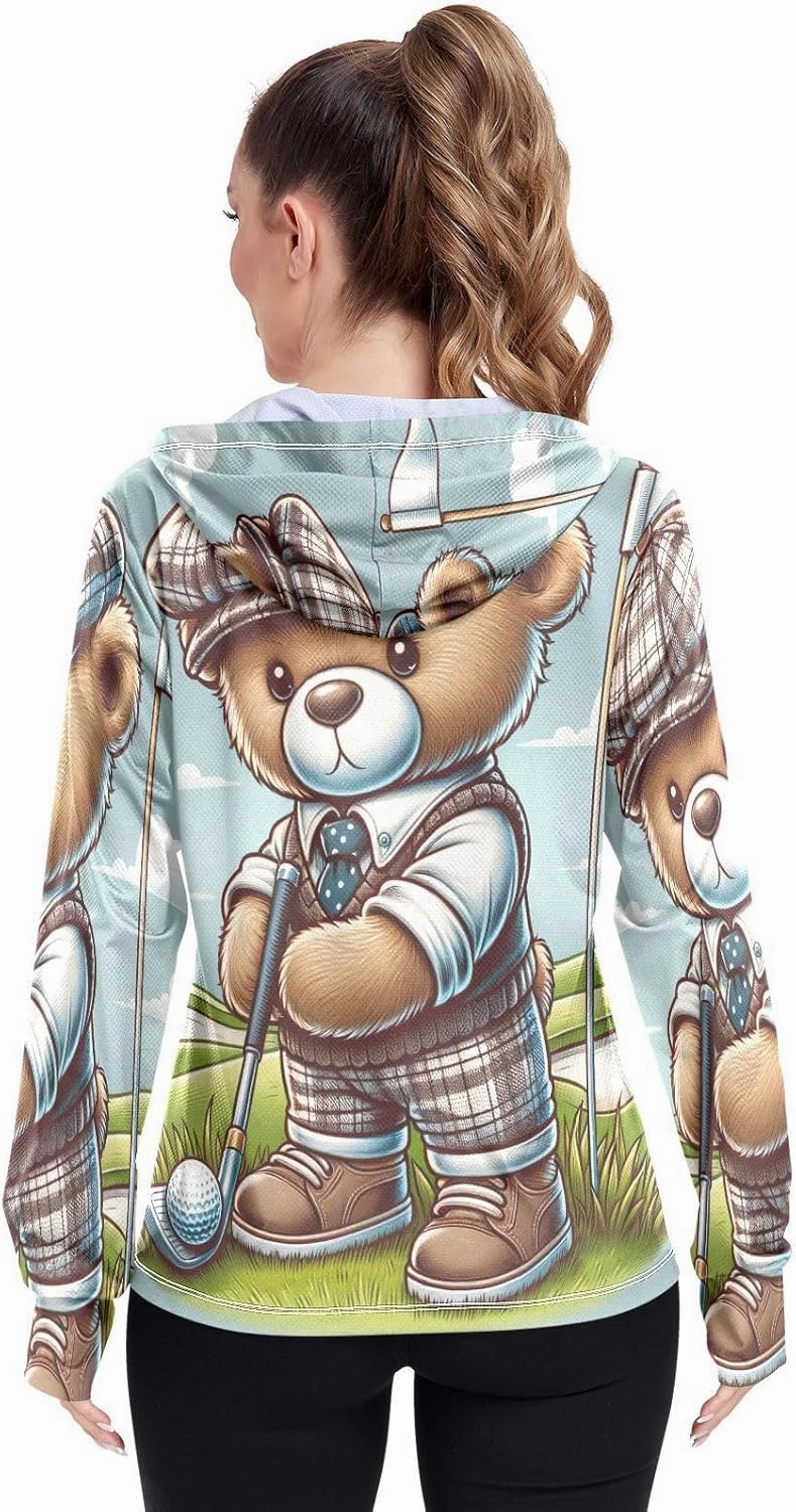 Golfing Bear Workout Hoodie Upf 50 , Sunscreen Shirts Women Long Sleeve, Zip Hoodie, Outdoor Clothing Women