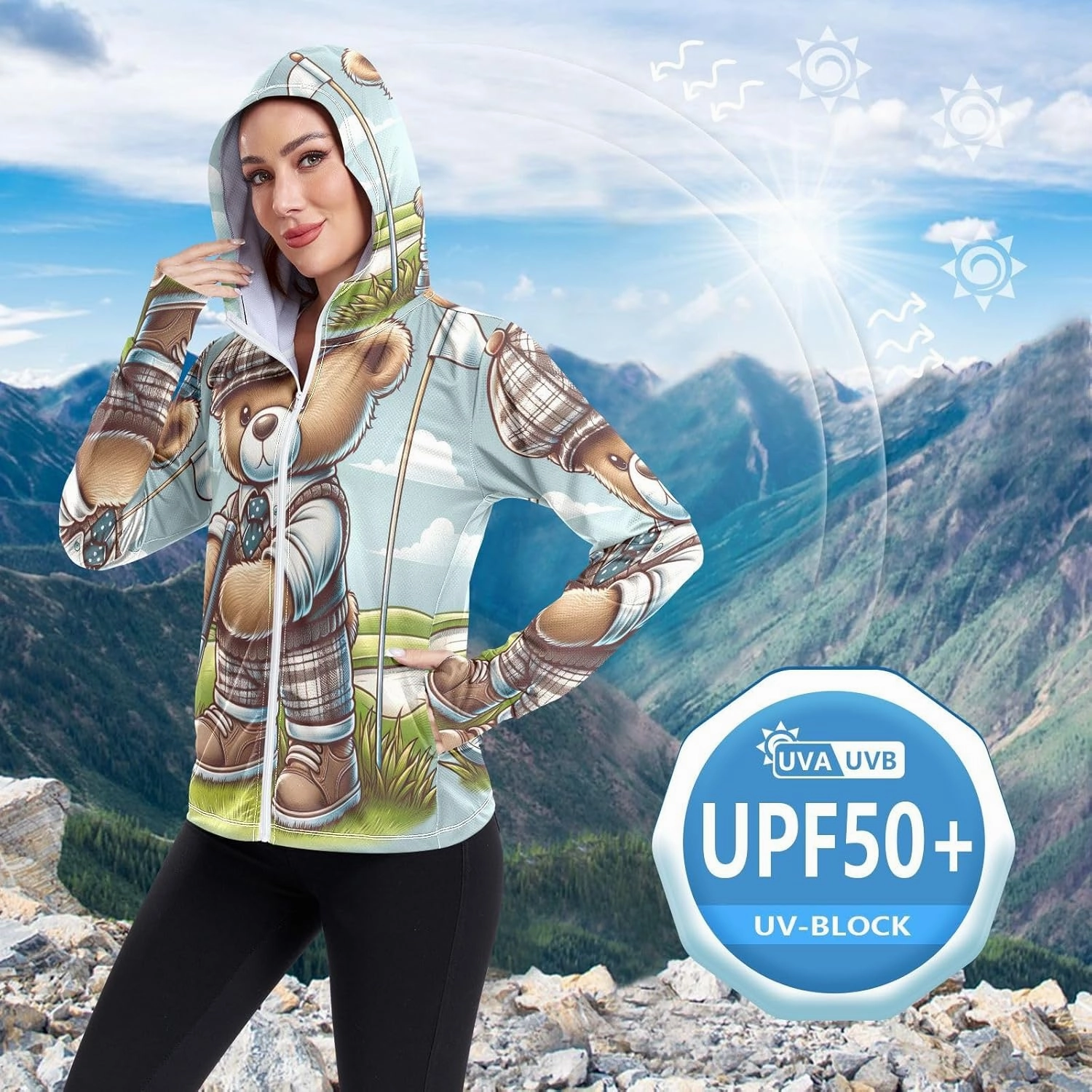 Golfing Bear Workout Hoodie Upf 50 , Sunscreen Shirts Women Long Sleeve, Zip Hoodie, Outdoor Clothing Women