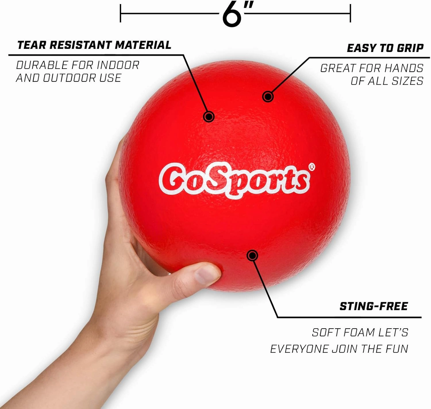 GoSports Soft Skin Foam Playground Dodgeballs - Choose 6 or 7 Inch No Sting Balls for Kids - Set of 6 Includes Mesh Carry Bag