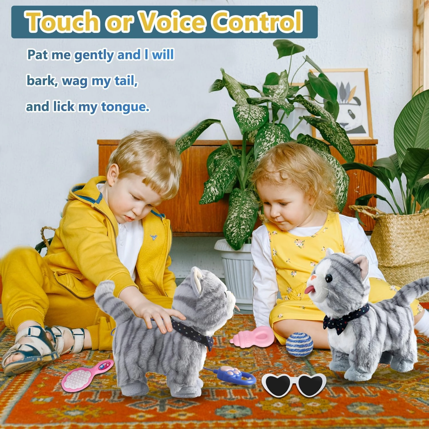 Gray Leash Walking Cat Set Interactive Talking Cat Singing Dancing Kitten Mimicking Repeat What You Say Kitty Touch and Voice Control Nodding Wagging Tail Plush Electric Kitty for Kid Gril