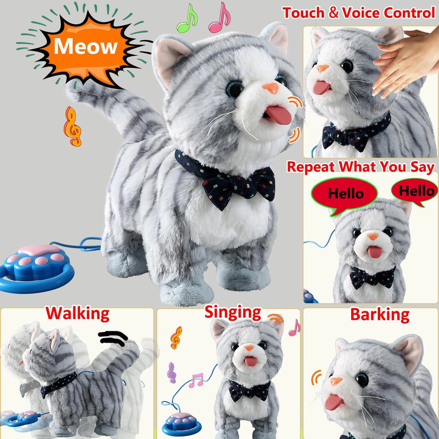 Gray Leash Walking Cat Set Interactive Talking Cat Singing Dancing Kitten Mimicking Repeat What You Say Kitty Touch and Voice Control Nodding Wagging Tail Plush Electric Kitty for Kid Gril