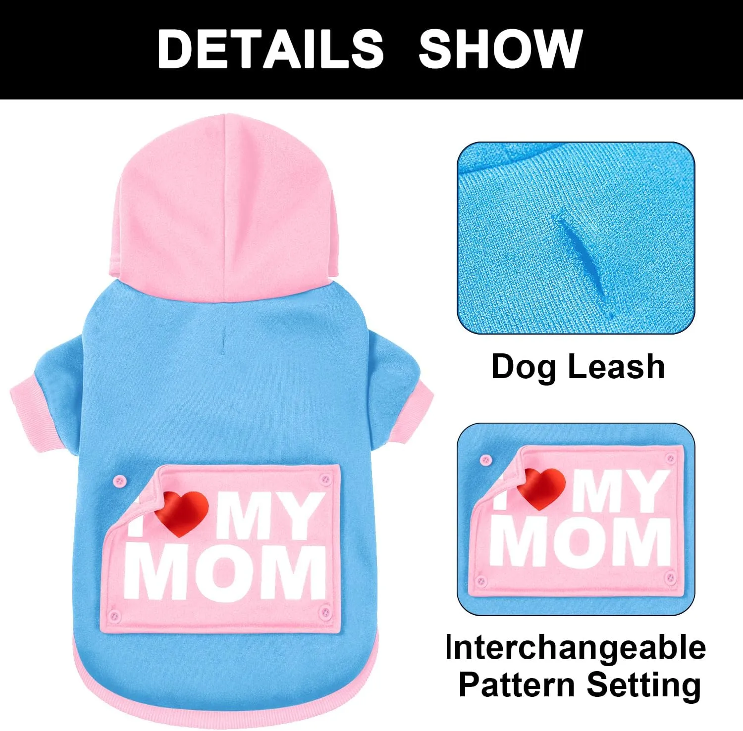 GreenJoy Magic Dog Hoodie with 4 Interchangeable Patterns - Dog Sweater Cold Weather Dog Coat Hooded Sweatshirt for Puppies,Cats, Small Medium Large Dogs (Blue and Pink (Letter Print A), XX-Large)
