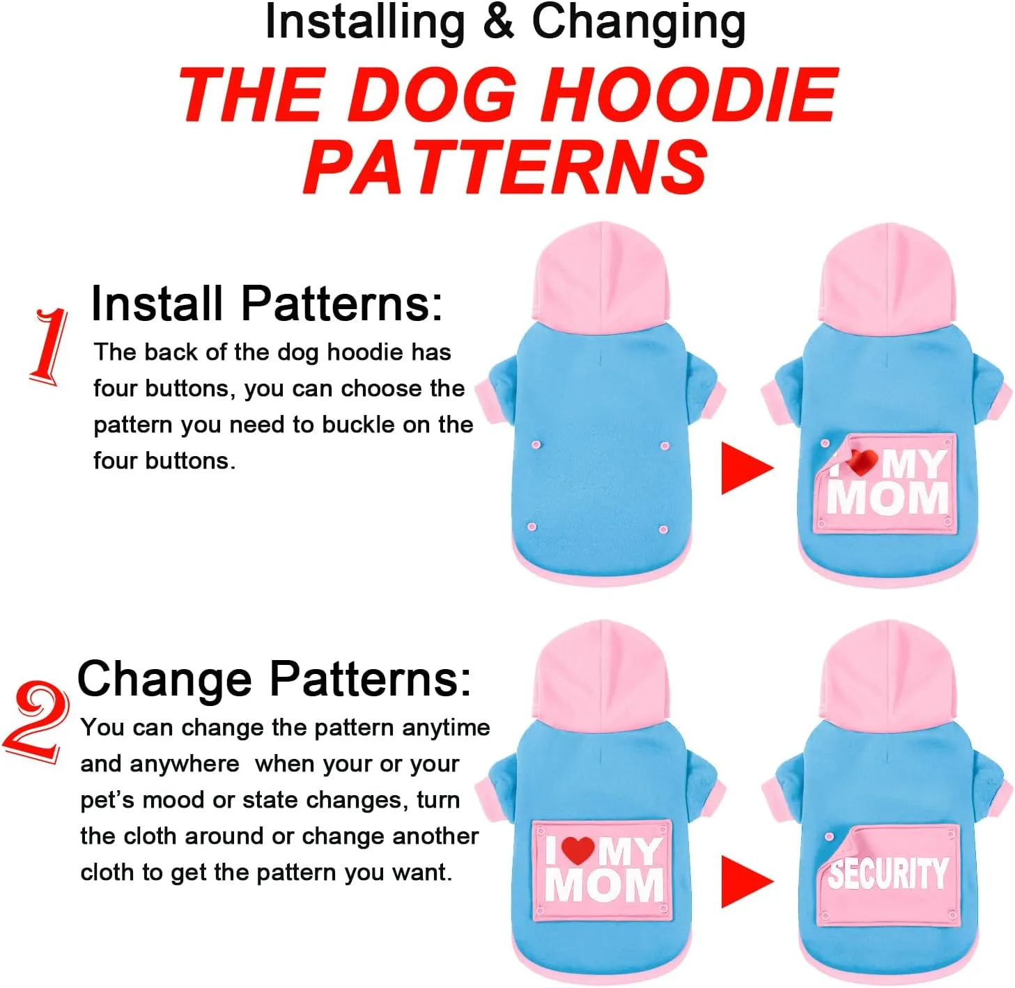 GreenJoy Magic Dog Hoodie with 4 Interchangeable Patterns - Dog Sweater Cold Weather Dog Coat Hooded Sweatshirt for Puppies,Cats, Small Medium Large Dogs (Blue and Pink (Letter Print A), XX-Large)