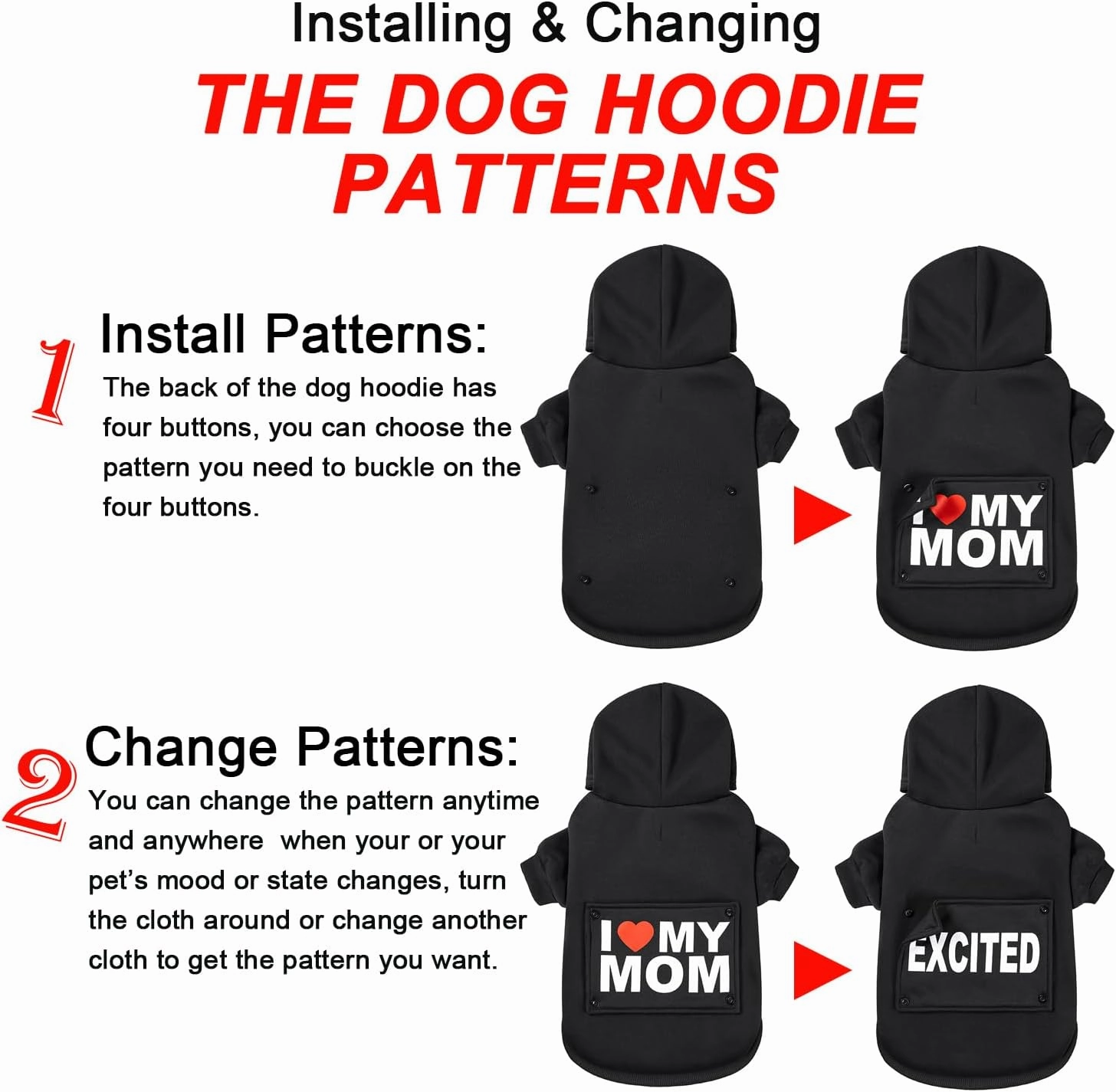 GreenJoy Magic Dog Sweater with 4 Interchangeable Patterns - Dog Hoodie Cold Weather Dog Coat Hooded Sweatshirt for Puppies,Cats, Small Medium Large Dogs (Black (Letter Print A), Large)