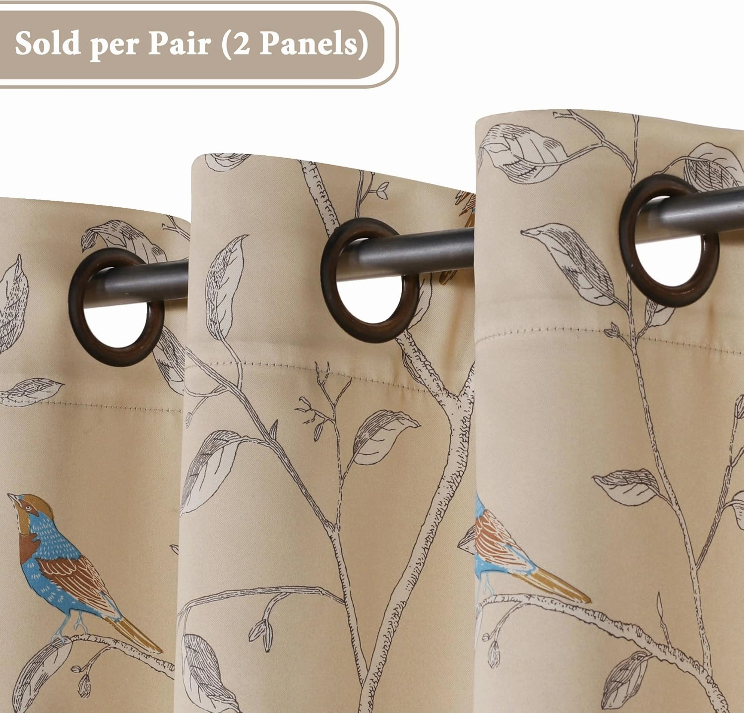 H.VERSAILTEX Blackout Curtains for Bedroom 63 Inches Length Thermal Insulated Birds Rustic Printed Curtain Drapes for Living Room Energy Efficient Room Darkening Home Decoration Pair 2 Panels, Taupe