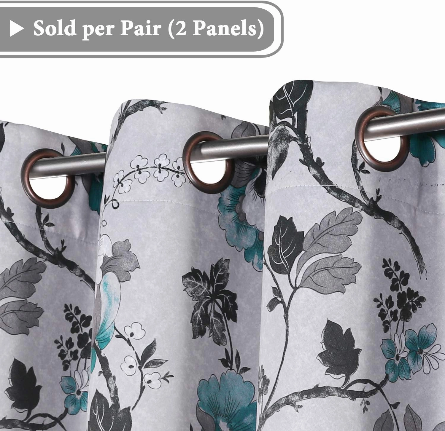 H.VERSAILTEX Blackout Curtains for Bedroom/Living Room Thermal Insulated Printed Curtain Drapes 63 Inches Long Energy Efficient Room Darkening Curtains Pair (2 Panels), Vintage Floral Grey & Teal
