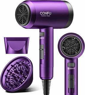Hair Dryer with Diffuser,CONFU Ionic Blow Dryer 1600W,Portable Lightweight Fast Drying Negative Ion Hairdryer,3 Heat Settings with Diffuser and Concentrator Nozzle for Home & Travel