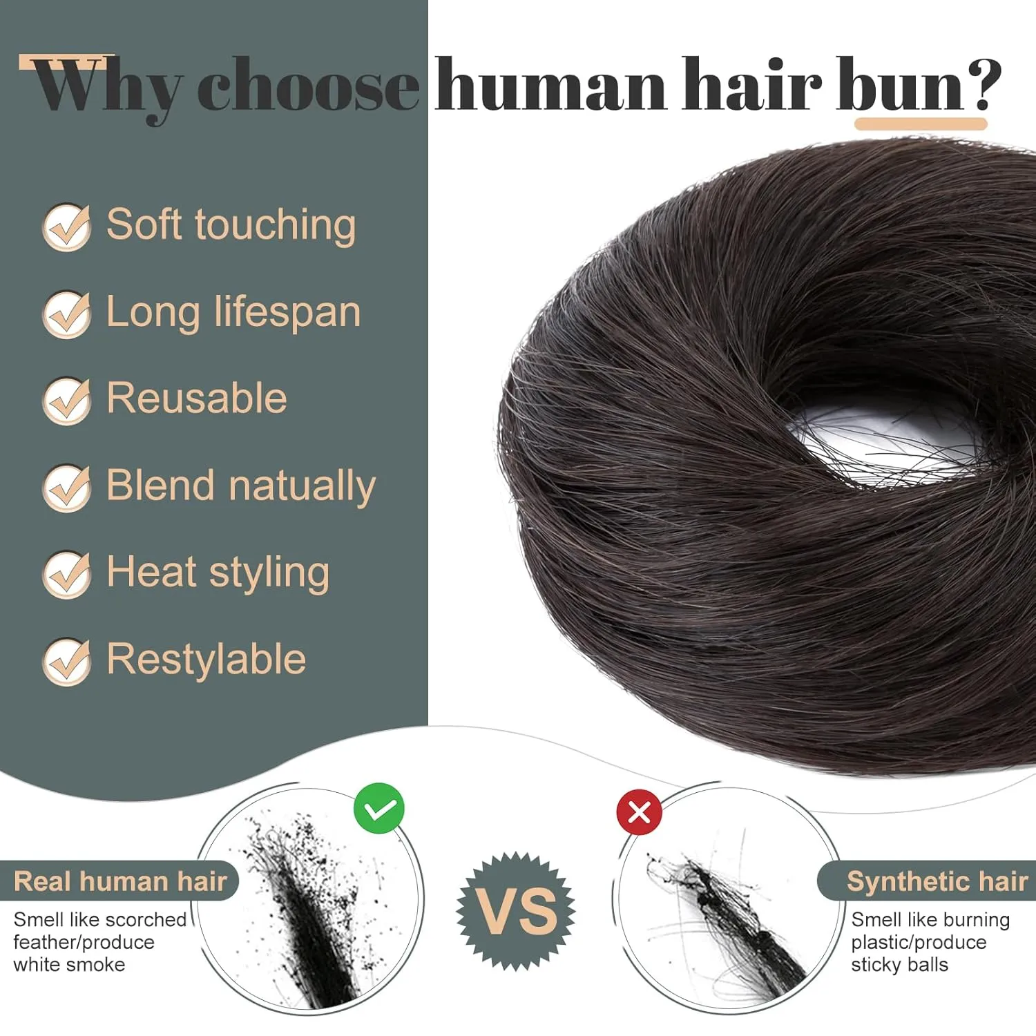 Hairro 2PCS Hair Bun Hair Piece Human Hair Messy Bun Scrunchies Real Hair Updo Hairpieces Remy Hair Bun Donot Elegant Chignon with Stretchy Elastic Rubber Band For Women 46g #1B Natural Black