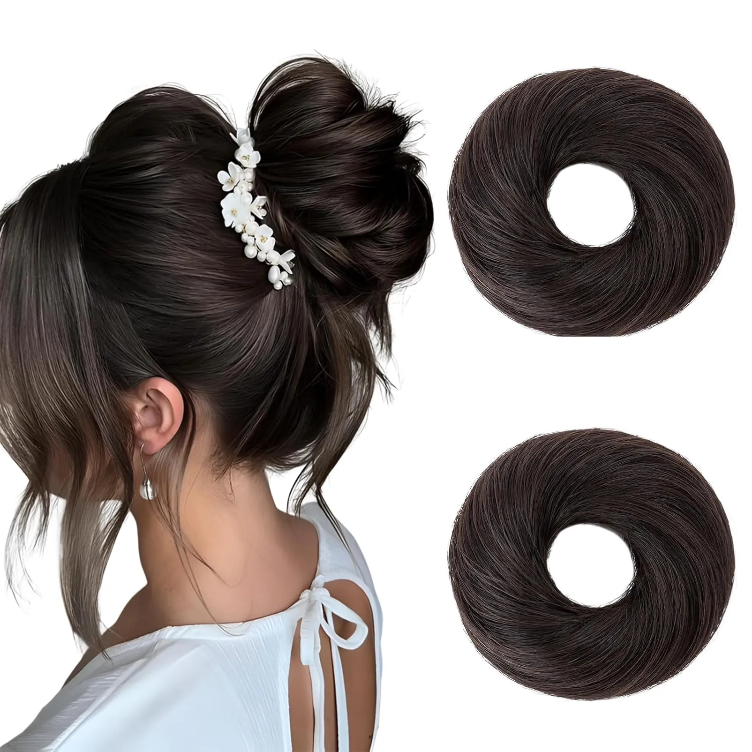 Hairro 2PCS Hair Bun Hair Piece Human Hair Messy Bun Scrunchies Real Hair Updo Hairpieces Remy Hair Bun Donot Elegant Chignon with Stretchy Elastic Rubber Band For Women 46g #1B Natural Black