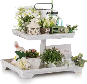 Hanobe Tiered Tray for Table Decor: 2 Tier Serving Stand Farmhouse Decorative Tray for Coffee Bar Centerpiece Rectangle Wood Display Stands Kitchen Counter (White)