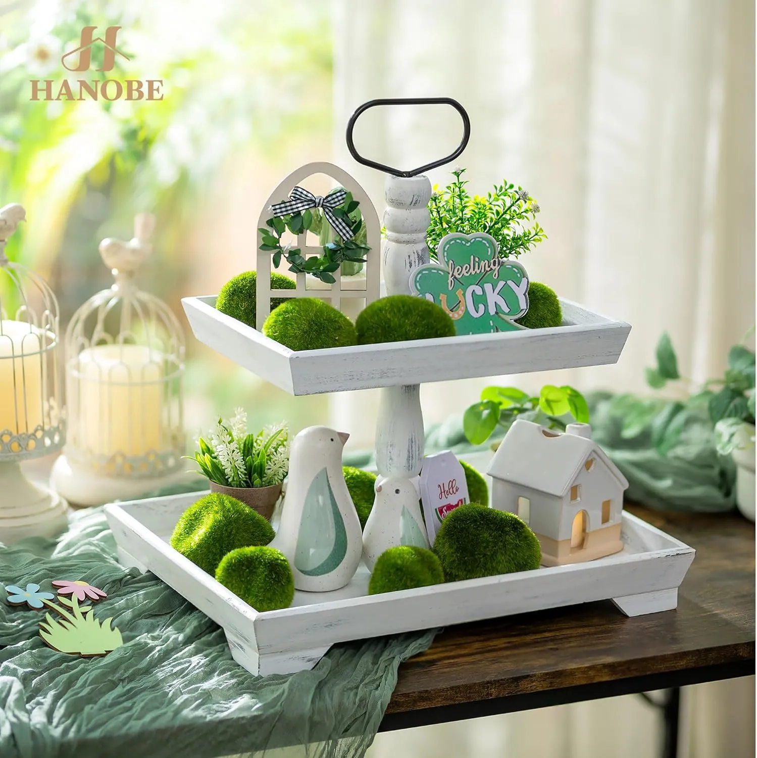 Hanobe Tiered Tray for Table Decor: 2 Tier Serving Stand Farmhouse Decorative Tray for Coffee Bar Centerpiece Rectangle Wood Display Stands Kitchen Counter (White)
