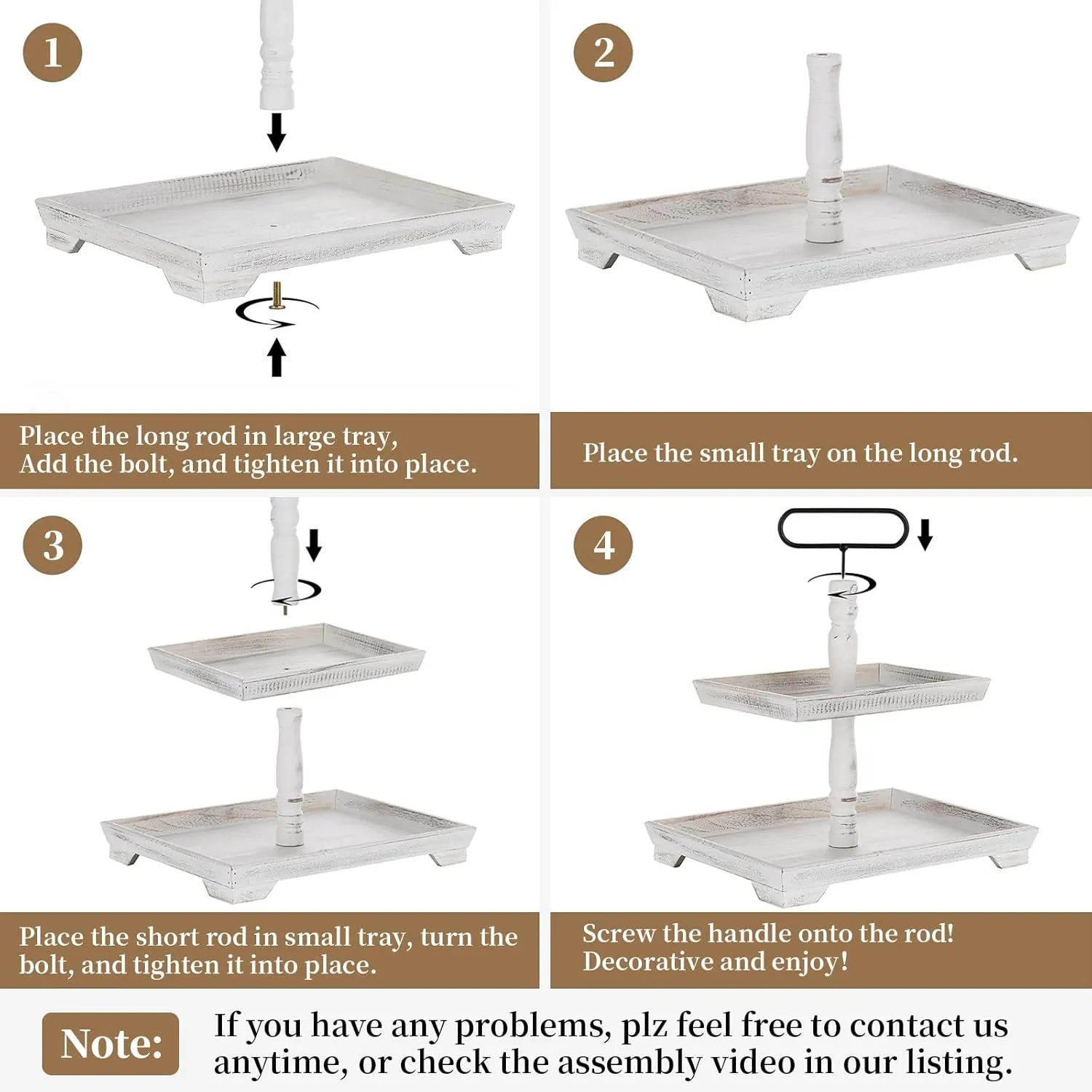 Hanobe Tiered Tray for Table Decor: 2 Tier Serving Stand Farmhouse Decorative Tray for Coffee Bar Centerpiece Rectangle Wood Display Stands Kitchen Counter (White)