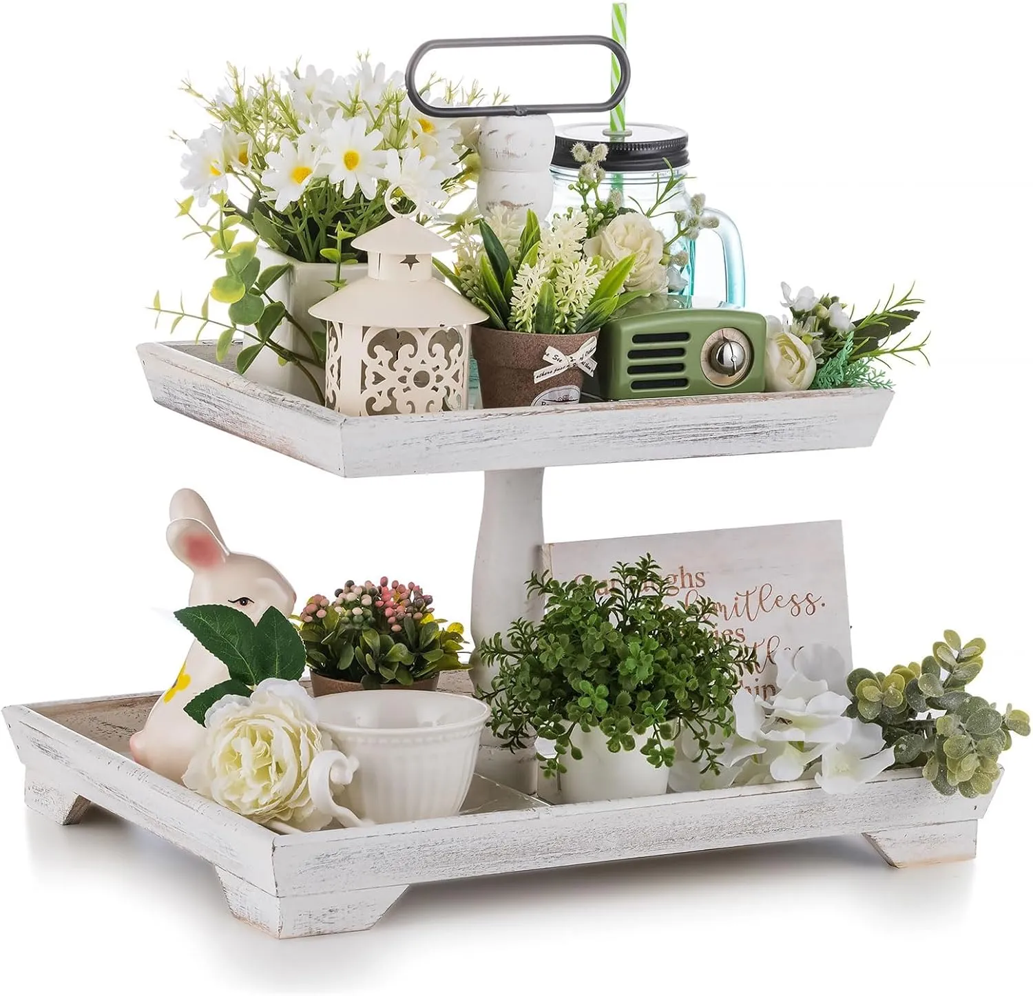 Hanobe Tiered Tray for Table Decor: 2 Tier Serving Stand Farmhouse Decorative Tray for Coffee Bar Centerpiece Rectangle Wood Display Stands Kitchen Counter (White)