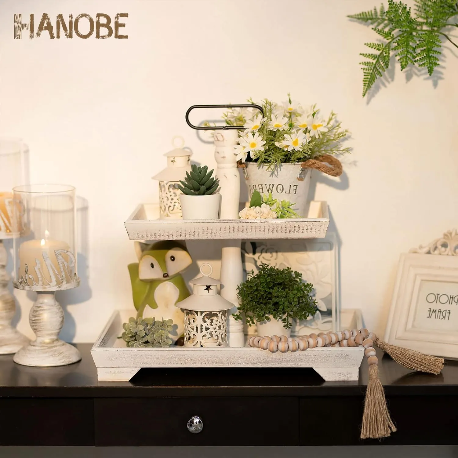 Hanobe Tiered Tray for Table Decor: 2 Tier Serving Stand Farmhouse Decorative Tray for Coffee Bar Centerpiece Rectangle Wood Display Stands Kitchen Counter (White)