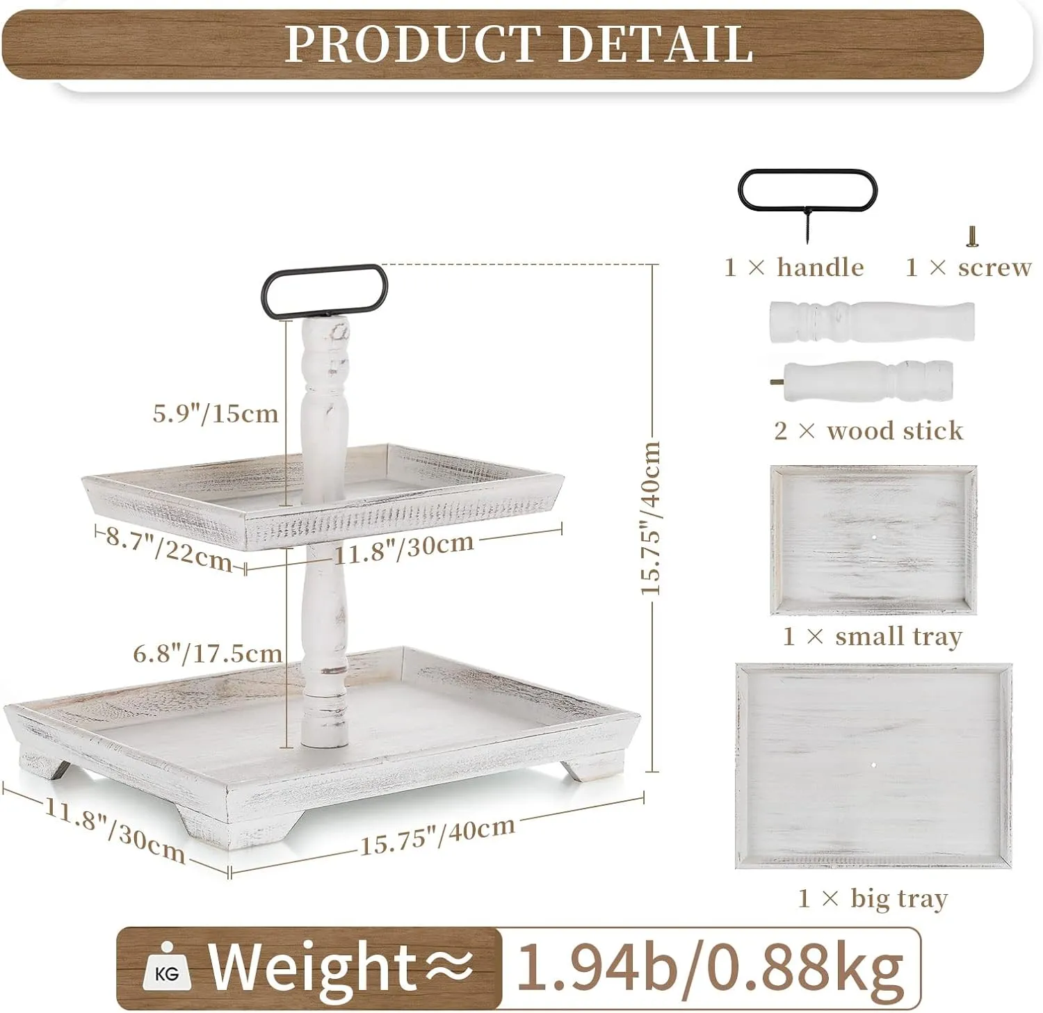 Hanobe Tiered Tray for Table Decor: 2 Tier Serving Stand Farmhouse Decorative Tray for Coffee Bar Centerpiece Rectangle Wood Display Stands Kitchen Counter (White)