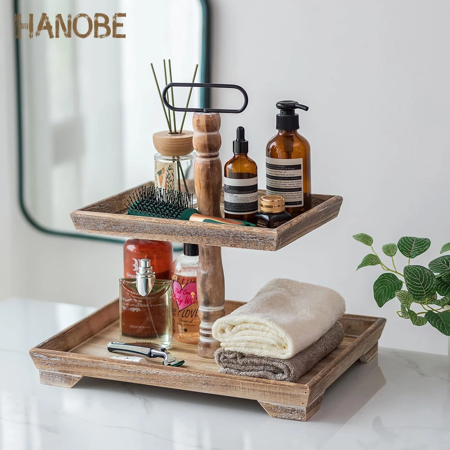 Hanobe Tiered Tray for Table Decor: 2 Tier Farmhouse Serving Stand Summer Decorative Tray for Coffee Bar Centerpiece Rectangle Wood Display Stands Kitchen Counter (Brown)