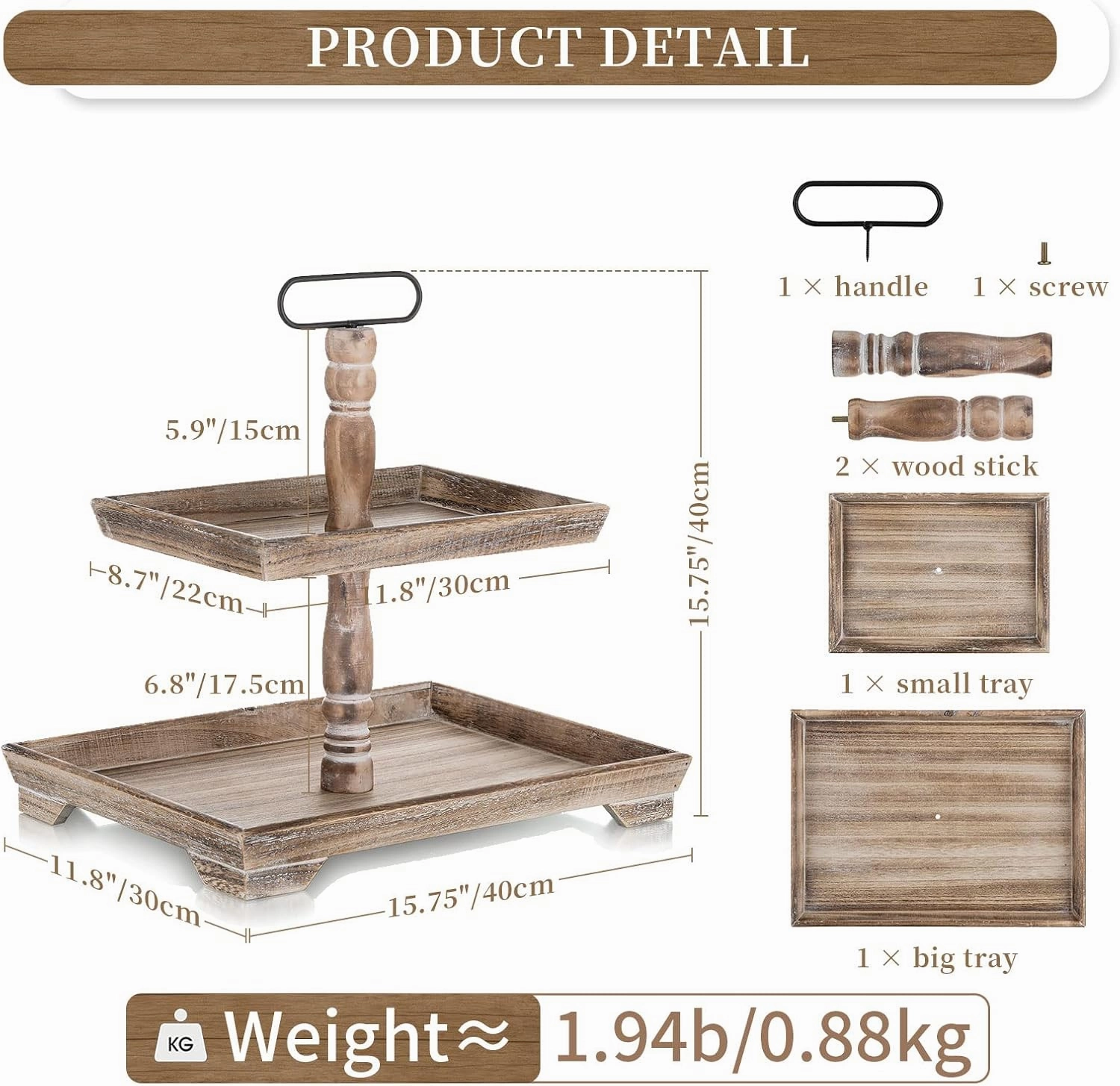 Hanobe Tiered Tray for Table Decor: 2 Tier Farmhouse Serving Stand Summer Decorative Tray for Coffee Bar Centerpiece Rectangle Wood Display Stands Kitchen Counter (Brown)