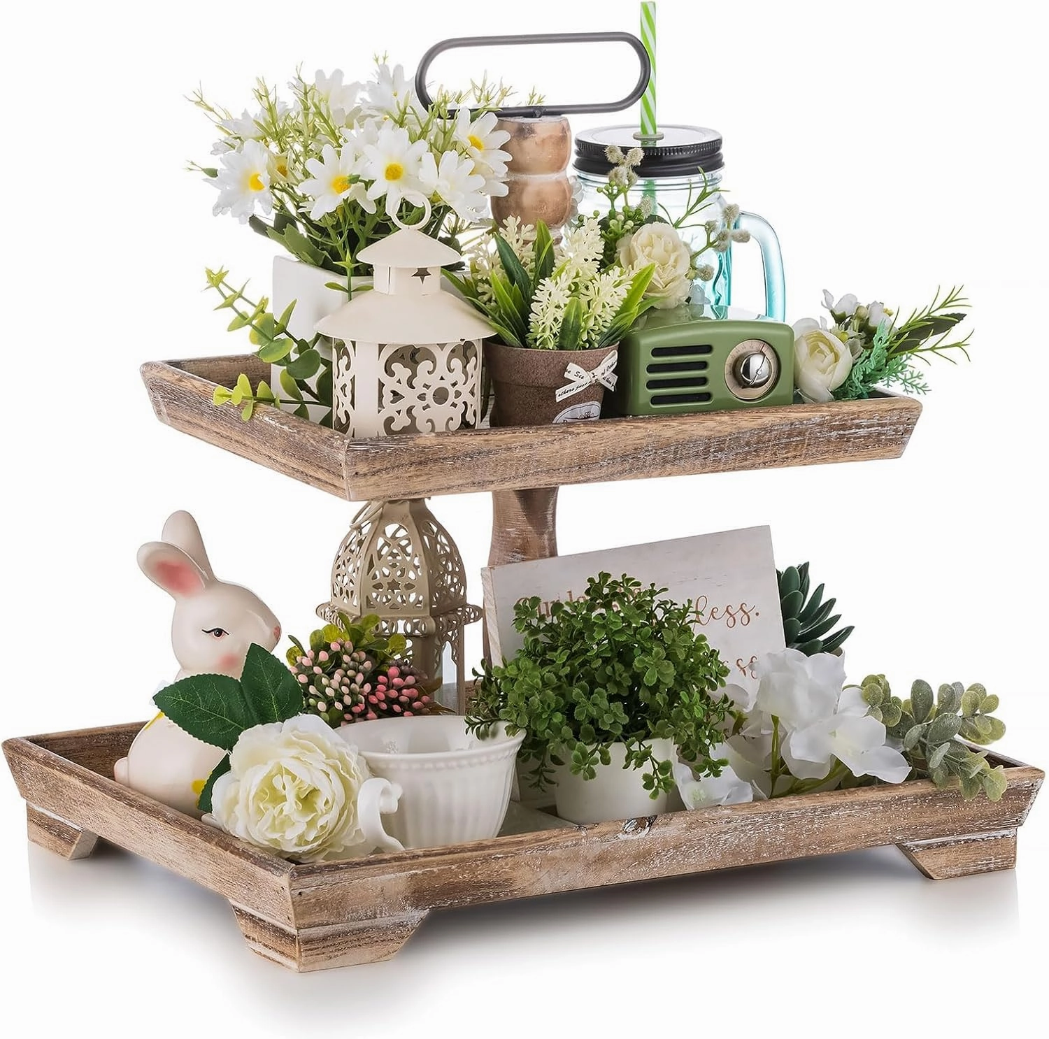 Hanobe Tiered Tray for Table Decor: 2 Tier Farmhouse Serving Stand Summer Decorative Tray for Coffee Bar Centerpiece Rectangle Wood Display Stands Kitchen Counter (Brown)