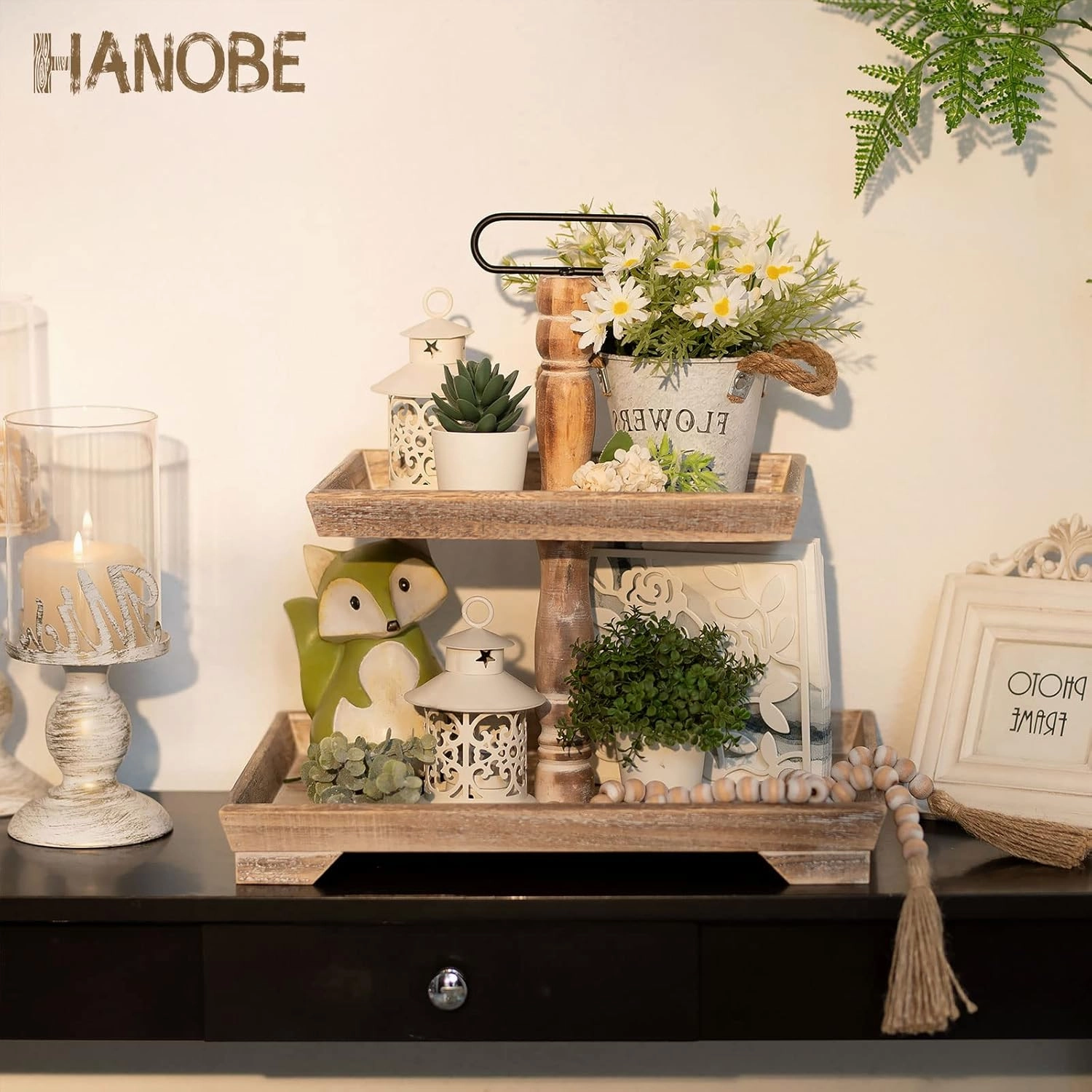 Hanobe Tiered Tray for Table Decor: 2 Tier Farmhouse Serving Stand Summer Decorative Tray for Coffee Bar Centerpiece Rectangle Wood Display Stands Kitchen Counter (Brown)