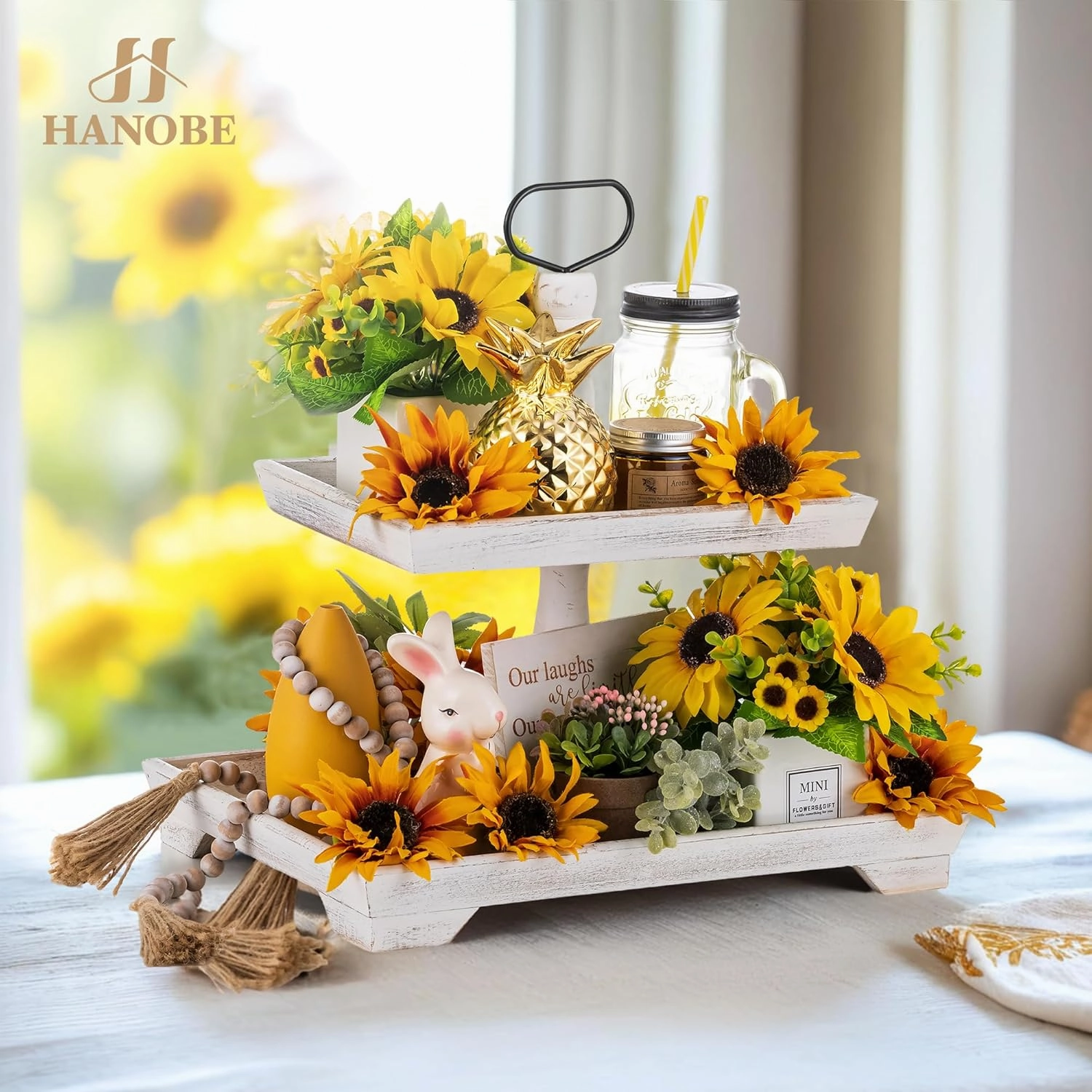 Hanobe Tiered Tray for Table Decor: 2 Tier Serving Stand Farmhouse Decorative Tray for Coffee Bar Centerpiece Rectangle Wood Display Stands Kitchen Counter (Rustic White)