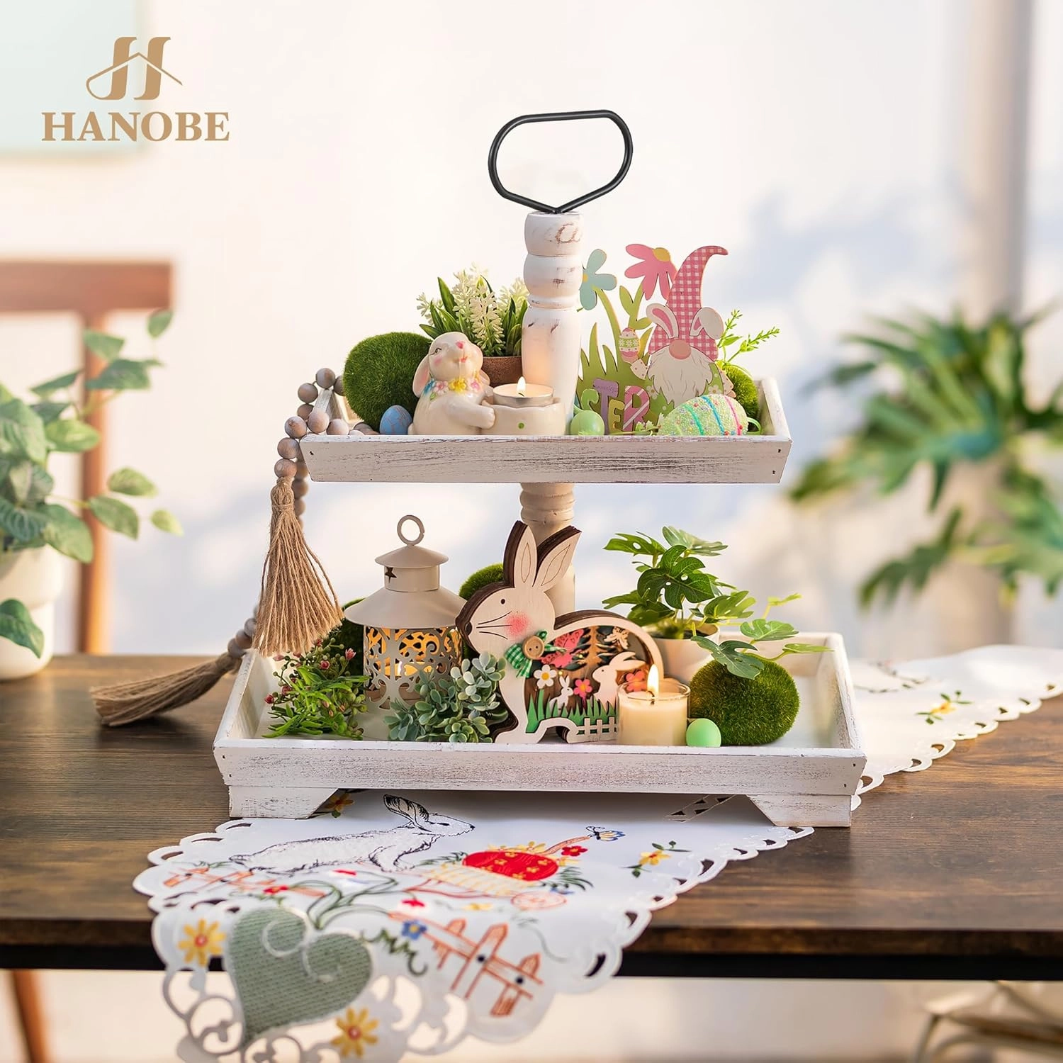 Hanobe Tiered Tray for Table Decor: 2 Tier Serving Stand Farmhouse Decorative Tray for Coffee Bar Centerpiece Rectangle Wood Display Stands Kitchen Counter (Rustic White)