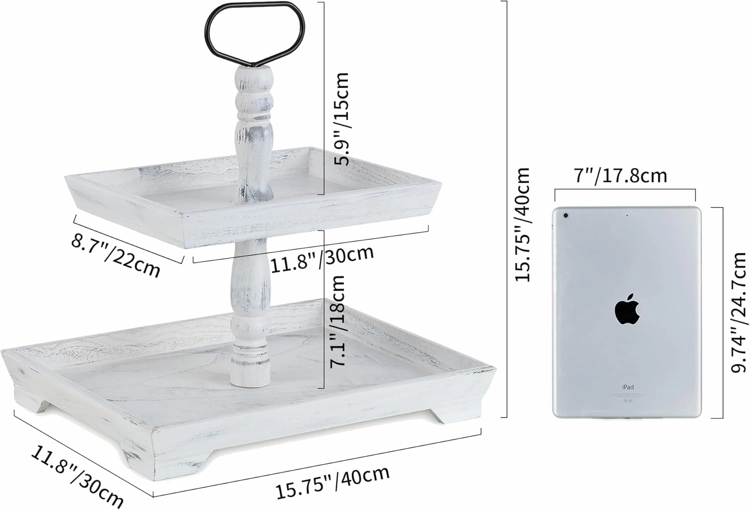 Hanobe Tiered Tray for Table Decor: 2 Tier Serving Stand Farmhouse Decorative Tray for Coffee Bar Centerpiece Rectangle Wood Display Stands Kitchen Counter (Rustic White)