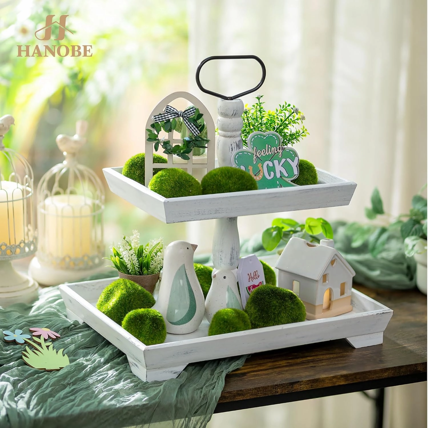 Hanobe Tiered Tray for Table Decor: 2 Tier Serving Stand Farmhouse Decorative Tray for Coffee Bar Centerpiece Rectangle Wood Display Stands Kitchen Counter (Rustic White)