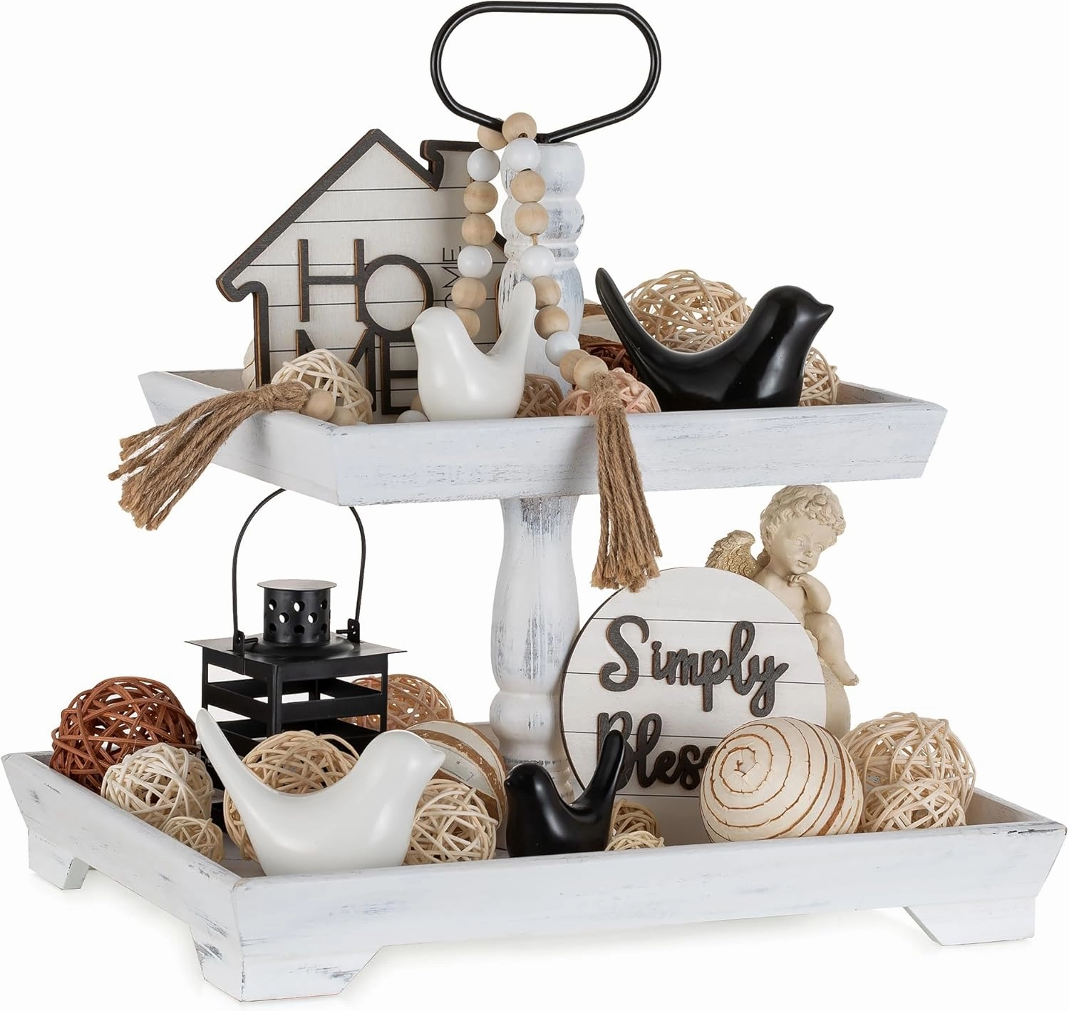 Hanobe Tiered Tray for Table Decor: 2 Tier Serving Stand Farmhouse Decorative Tray for Coffee Bar Centerpiece Rectangle Wood Display Stands Kitchen Counter (Rustic White)