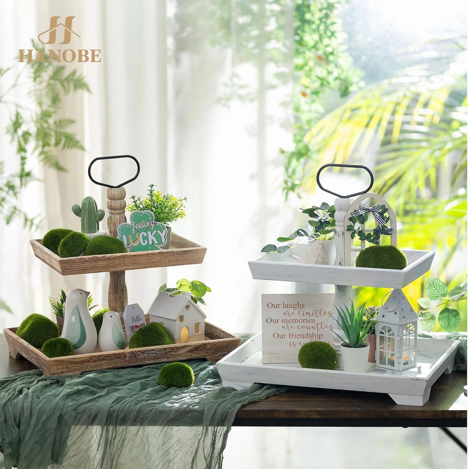 Hanobe Tiered Tray for Table Decor: 2 Tier Serving Stand Farmhouse Decorative Tray for Coffee Bar Centerpiece Rectangle Wood Display Stands Kitchen Counter (Rustic White)