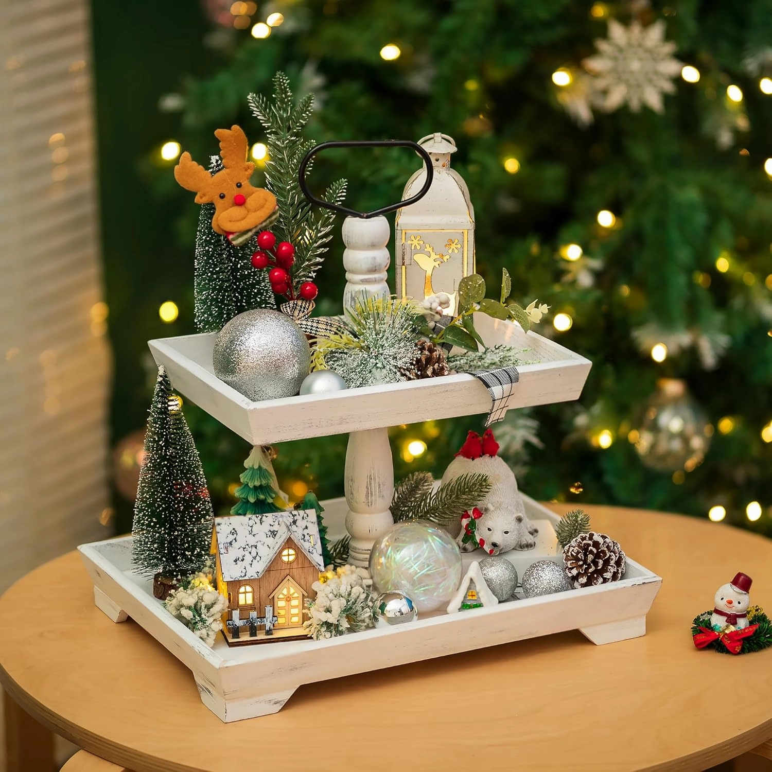 Hanobe Tiered Tray for Table Decor: 2 Tier Serving Stand Farmhouse Decorative Tray for Coffee Bar Centerpiece Rectangle Wood Display Stands Kitchen Counter (Rustic White)