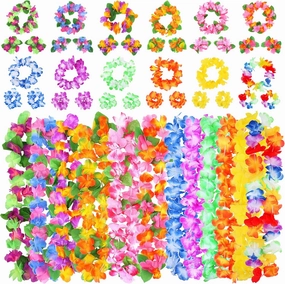 Hawaiian Leis for Luau Party, 48PCS Tropical Flower Lei for Summer Beach Birthday Themed Party, Hawaiian Party Supplies Decorations, Necklace Bracelet Headband Flowers Leis