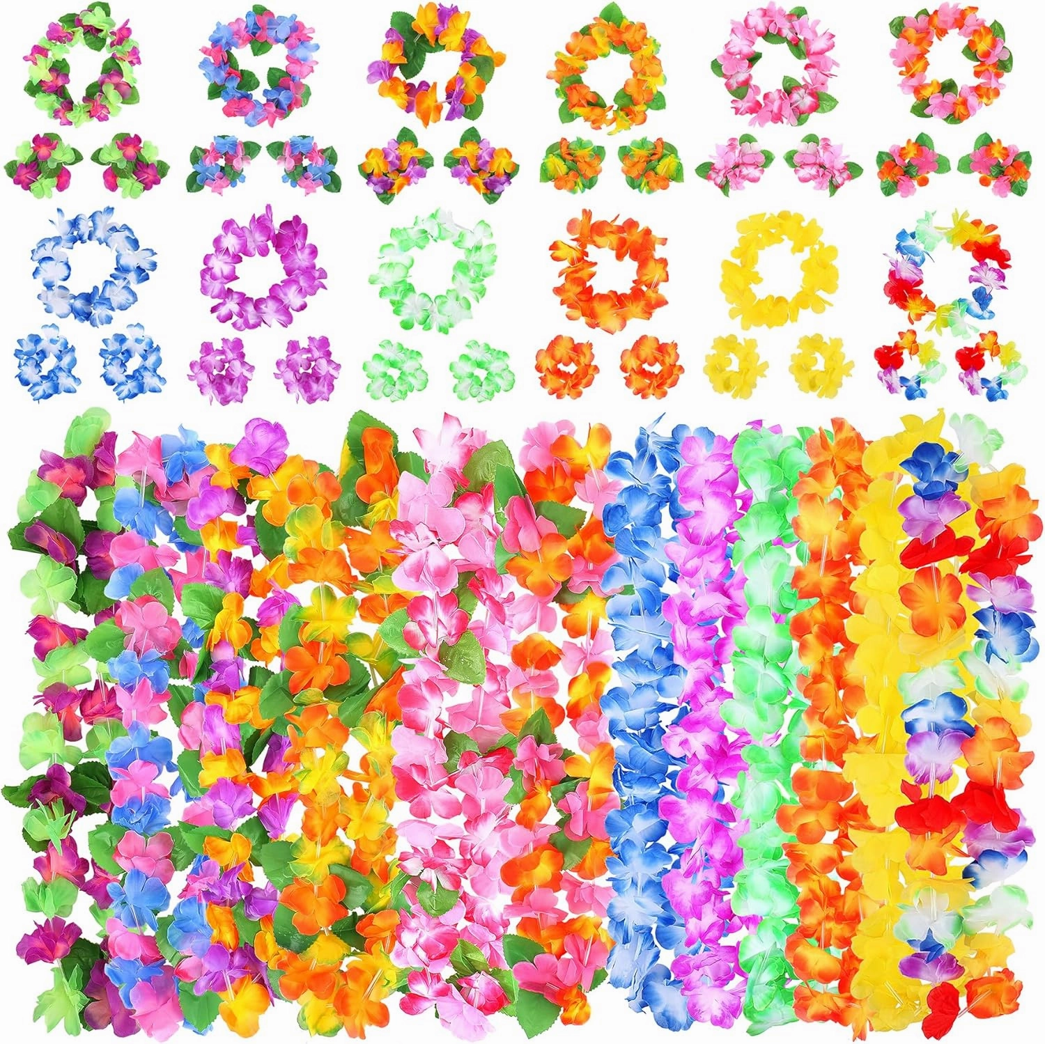 Hawaiian Leis for Luau Party, 48PCS Tropical Flower Lei for Summer Beach Birthday Themed Party, Hawaiian Party Supplies Decorations, Necklace Bracelet Headband Flowers Leis