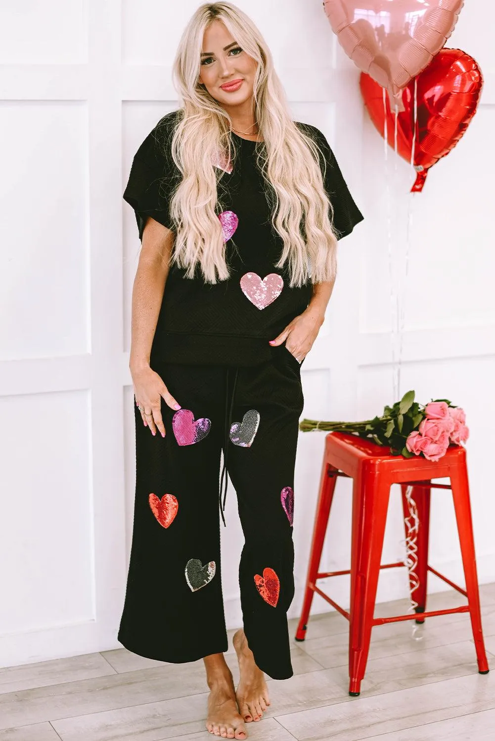 Heart Popping Sequins 2pcs Pant Set
