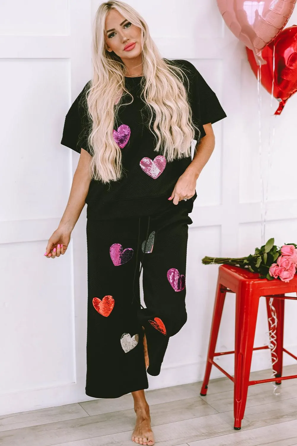 Heart Popping Sequins 2pcs Pant Set