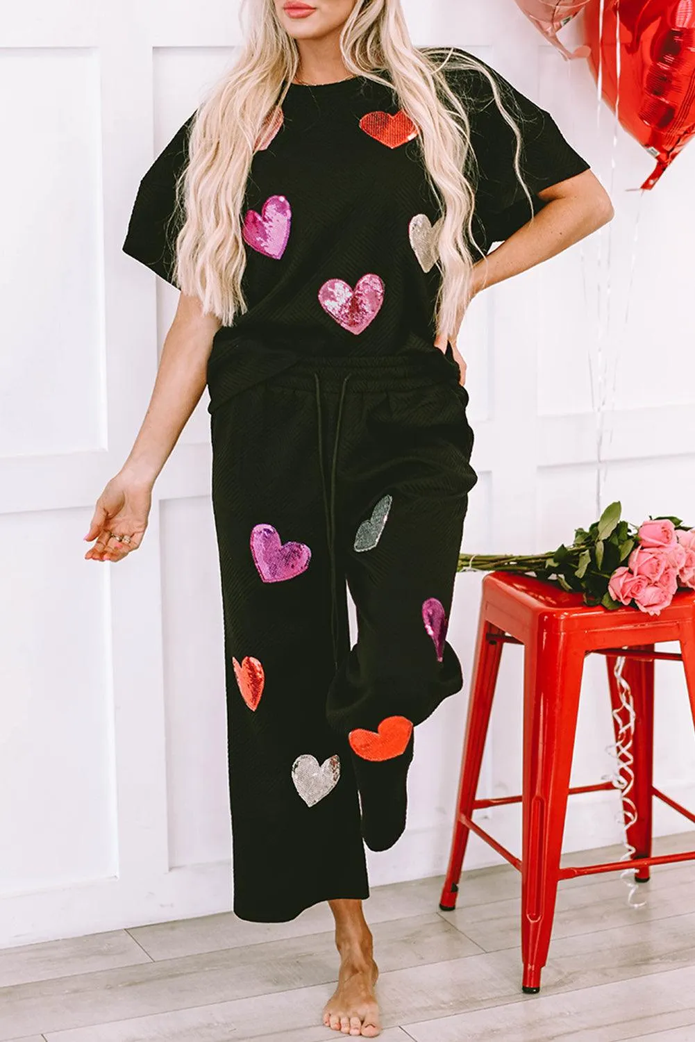 Heart Popping Sequins 2pcs Pant Set