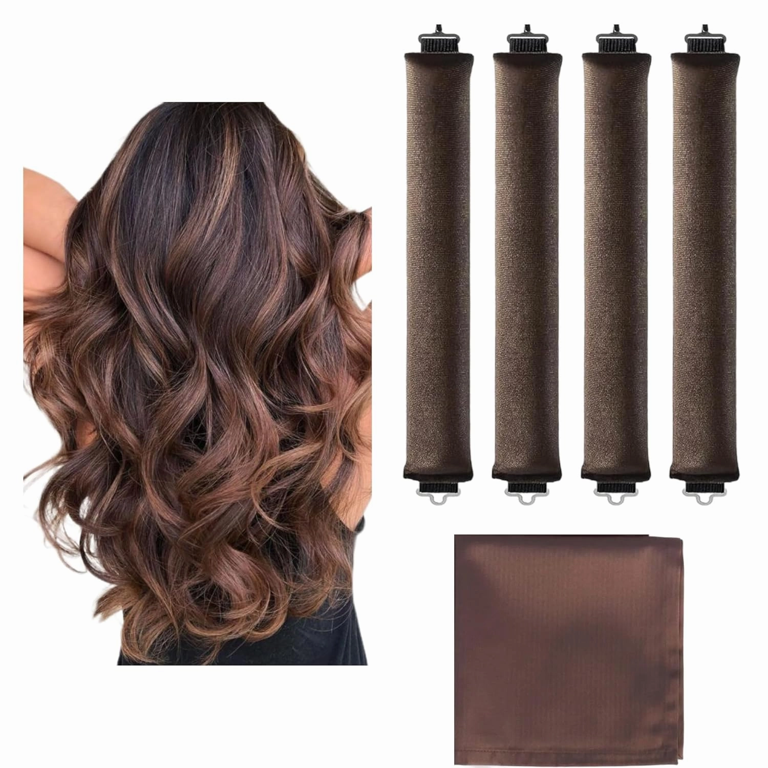 Heatless Hair Curler Set – 4 PCS Soft Velvet Sleep Rollers for No-Heat Styling, Effortless Overnight Waves with Satin Scarf – Gentle, Tangle-Free and Comfortable Hair Tools, Brown