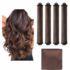 Heatless Hair Curler Set – 4 PCS Soft Velvet Sleep Rollers for No-Heat Styling, Effortless Overnight Waves with Satin Scarf – Gentle, Tangle-Free and Comfortable Hair Tools, Brown