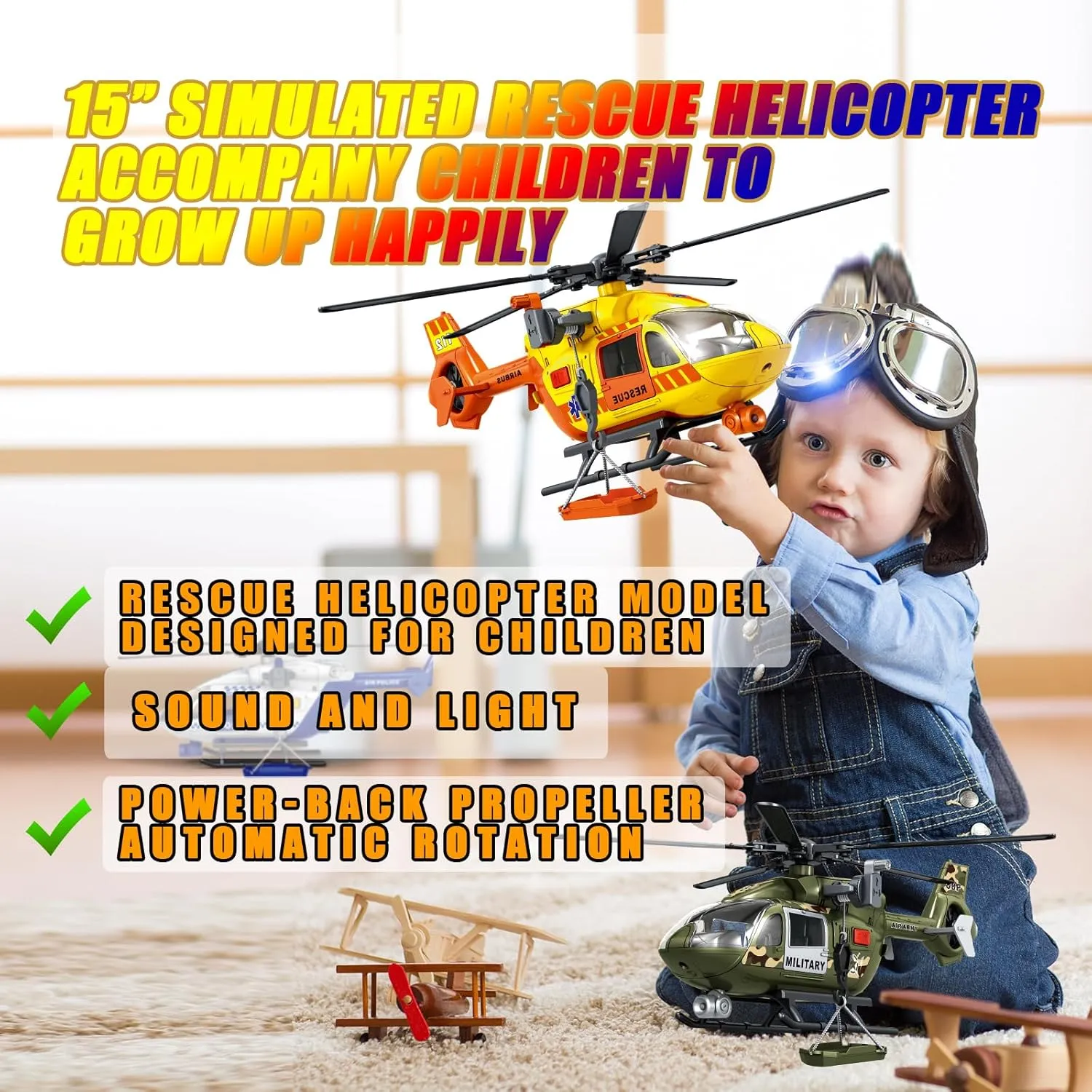 Helicopter Toy with Lights and Sound,Simulative Rescue Helicopter Toddler Kids Toys for Kids Aged 3 4 5 6 Pull-Back Propeller Army Toys Toddler Kids Boys Gifts (Rescue Helicopter)