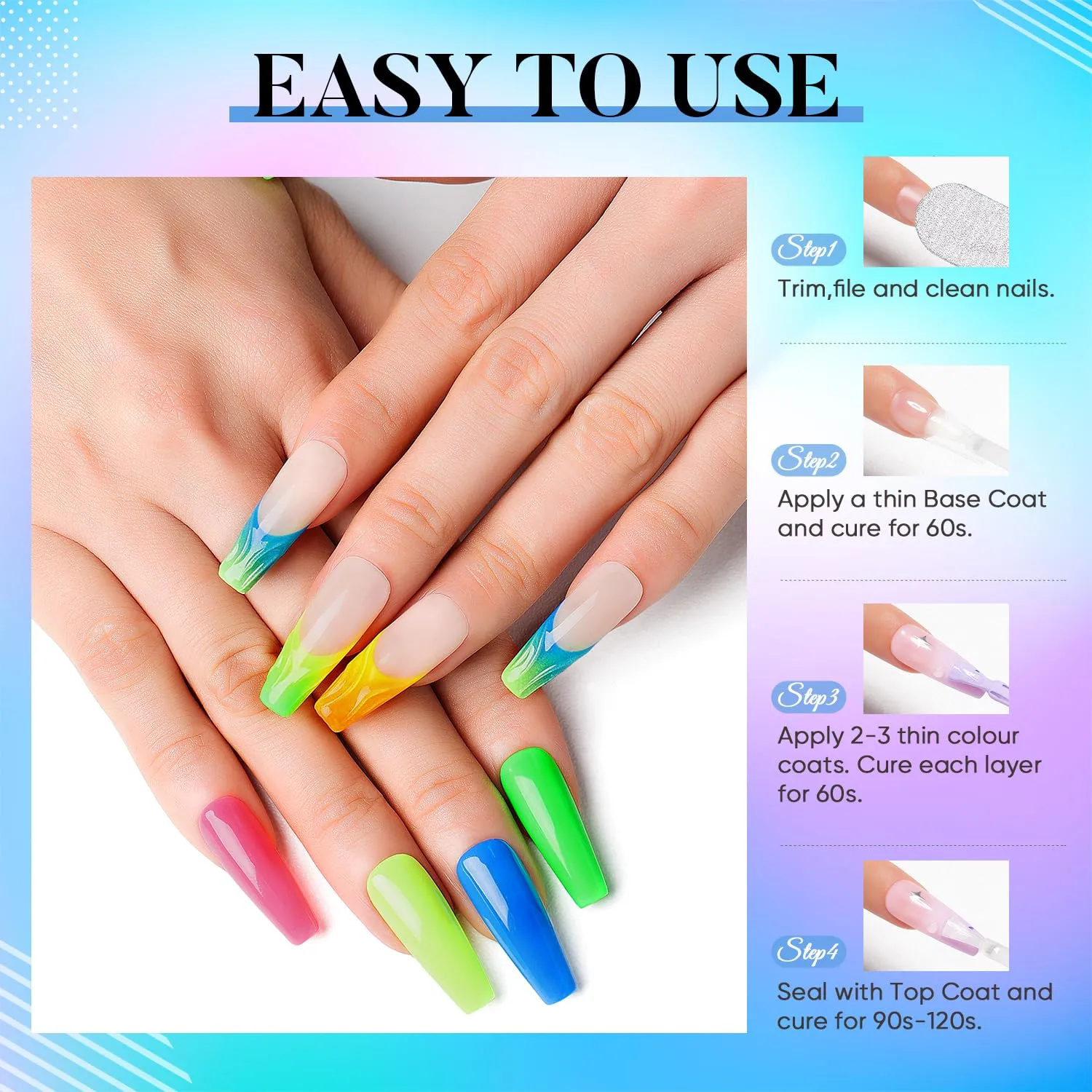 Hema Free Gel Nail Polish Nail Set Cruelty Free Vegan 6 Colors Neon Pink Orange Yellow Green Blue Purple Nail Polish Gel Kit