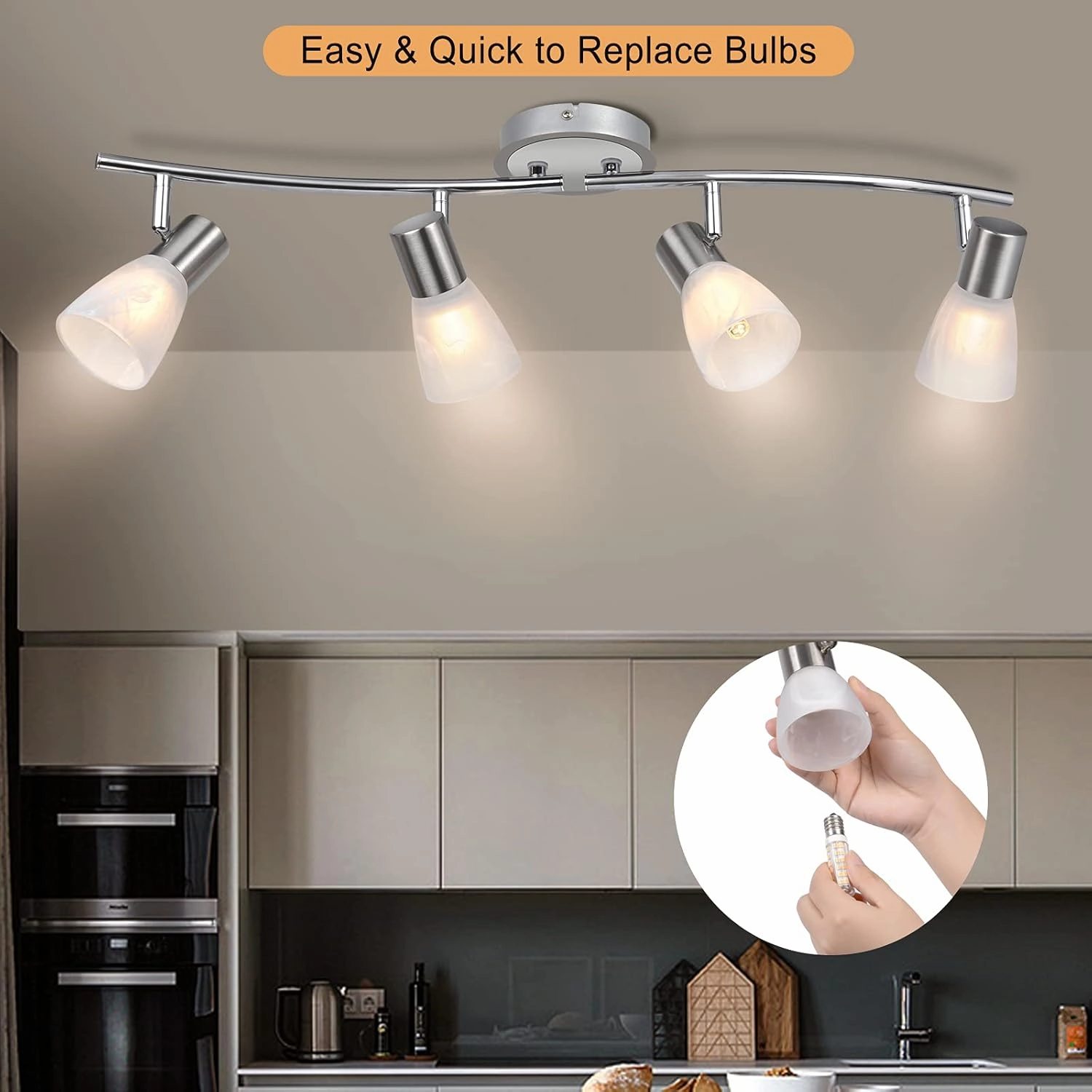 HiBay LED Track Lighting Fixtures, Rotatable 4-Light Ceiling Light Kit, Modern Kitchen Spotlight White with Glass Lampshade for Living Room Bedroom Dining Room, E12 Base (Bulbs Not Included)