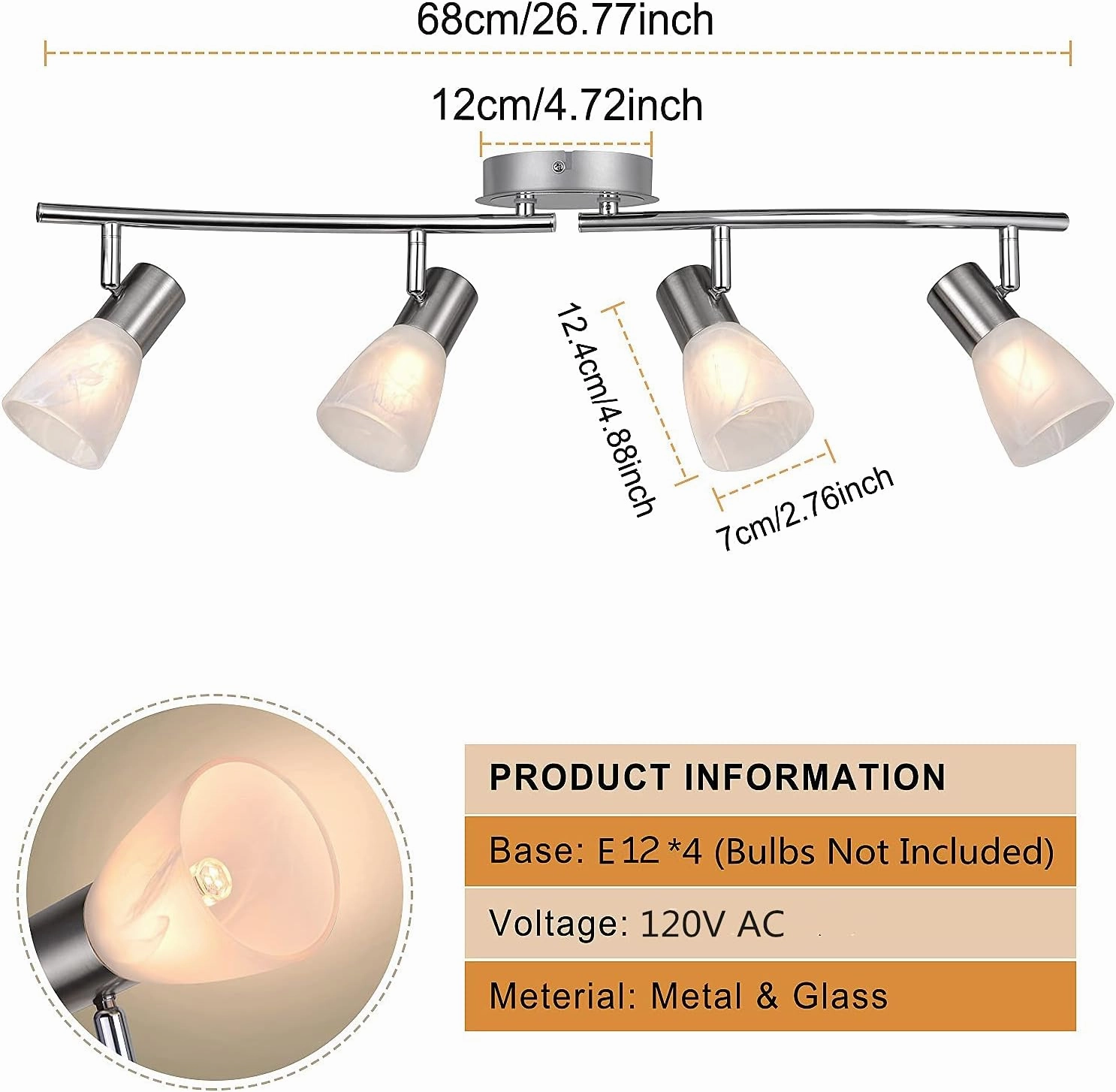 HiBay LED Track Lighting Fixtures, Rotatable 4-Light Ceiling Light Kit, Modern Kitchen Spotlight White with Glass Lampshade for Living Room Bedroom Dining Room, E12 Base (Bulbs Not Included)