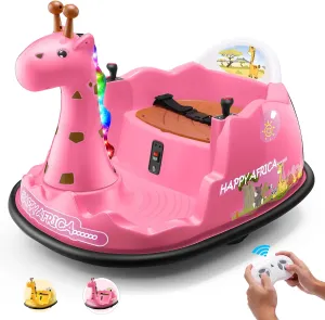 Hikole 12V Electric Toddler Bumper Car, Ride on Giraffe Bump Cars for Baby with Remote Control, 360°Spin/3 Speeds/Soft Bump Strip/Music/Colored Marquee Lights, Gift Choice, Pink