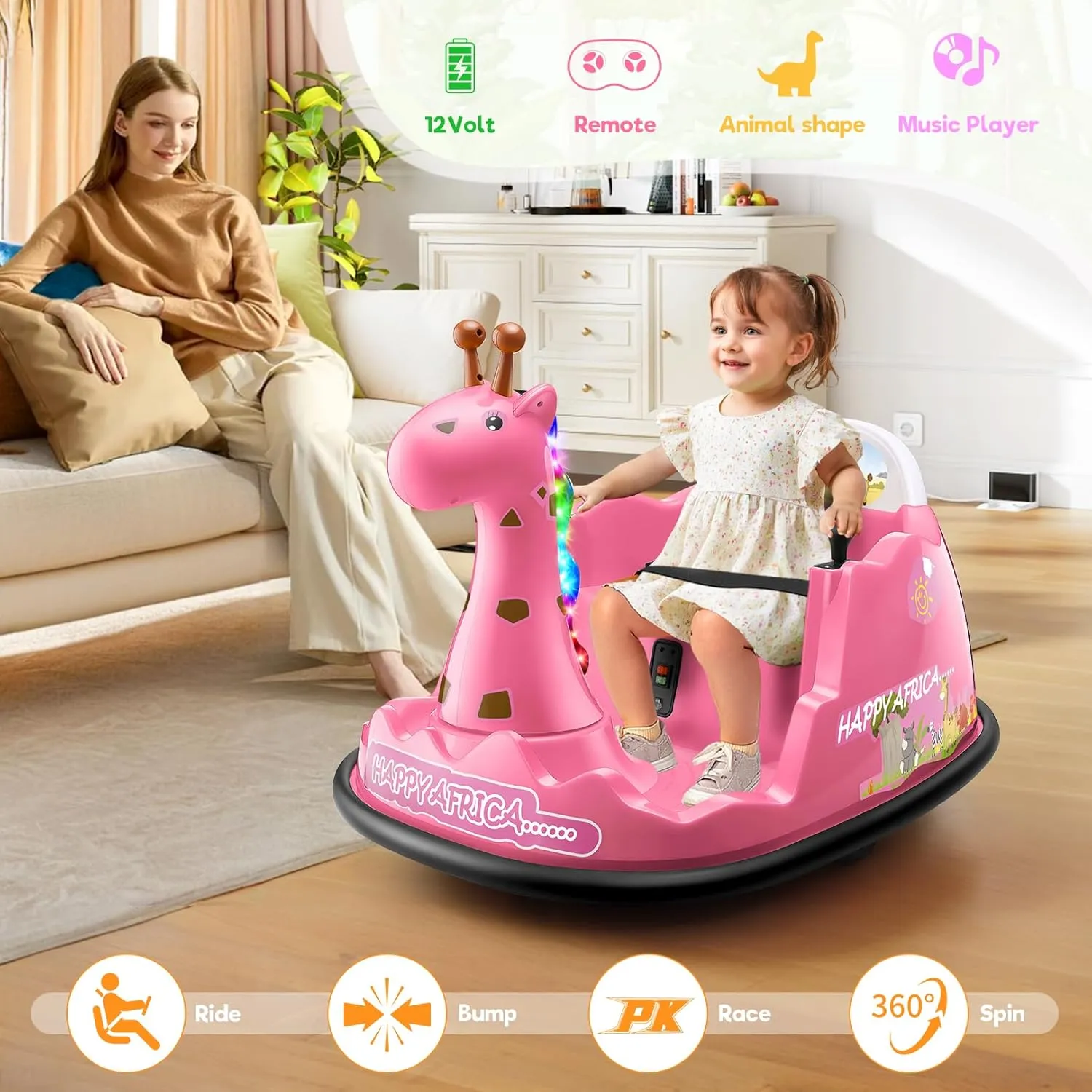 Hikole 12V Electric Toddler Bumper Car, Ride on Giraffe Bump Cars for Baby with Remote Control, 360°Spin/3 Speeds/Soft Bump Strip/Music/Colored Marquee Lights, Gift Choice, Pink